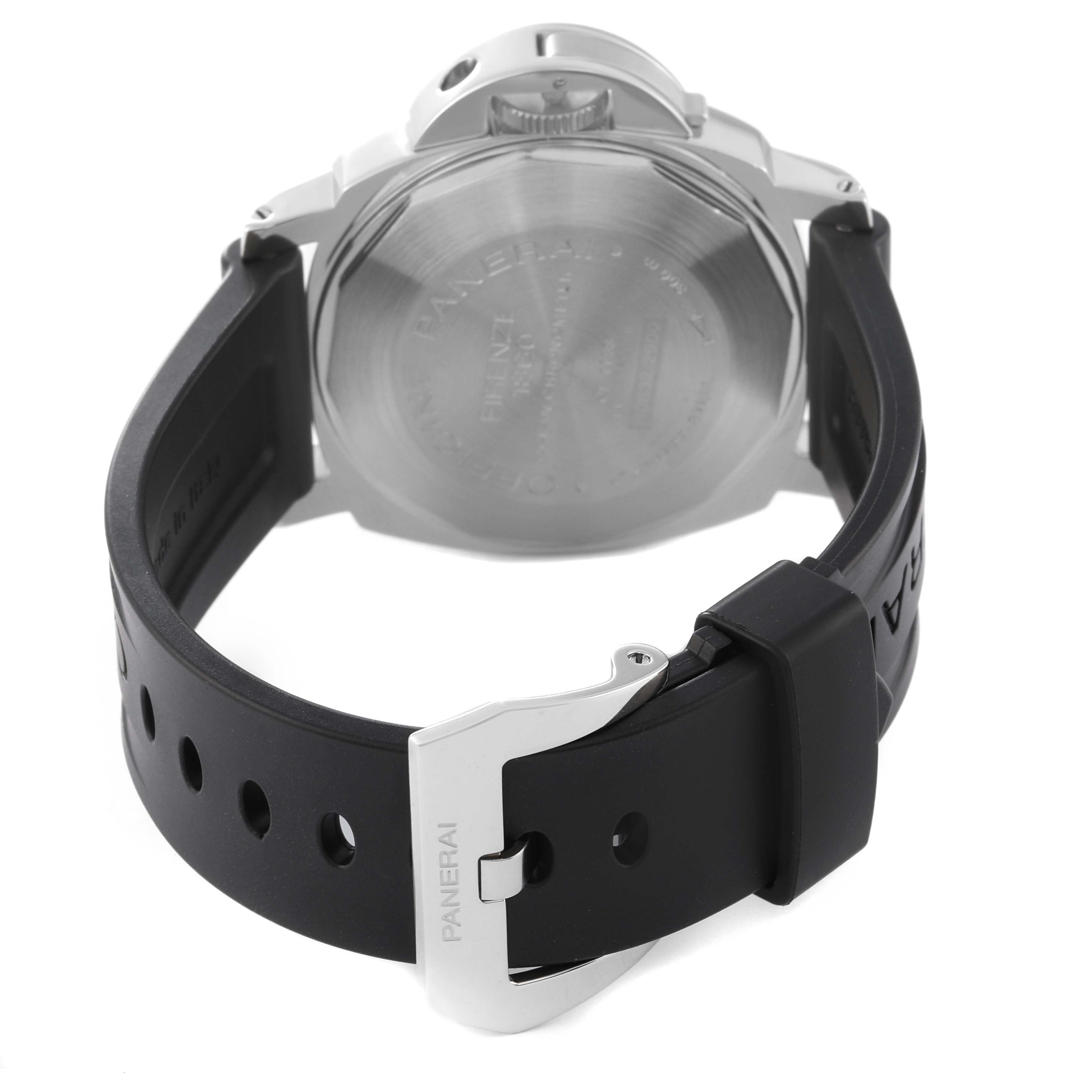 The image shows the back view of a Panerai Luminor PAM00088 Men
s Stainless Steel Black Dial PAM00088 Men
s Stainless Steel Black Dial watch, highlighting the case back and black rubber strap with the buckle.