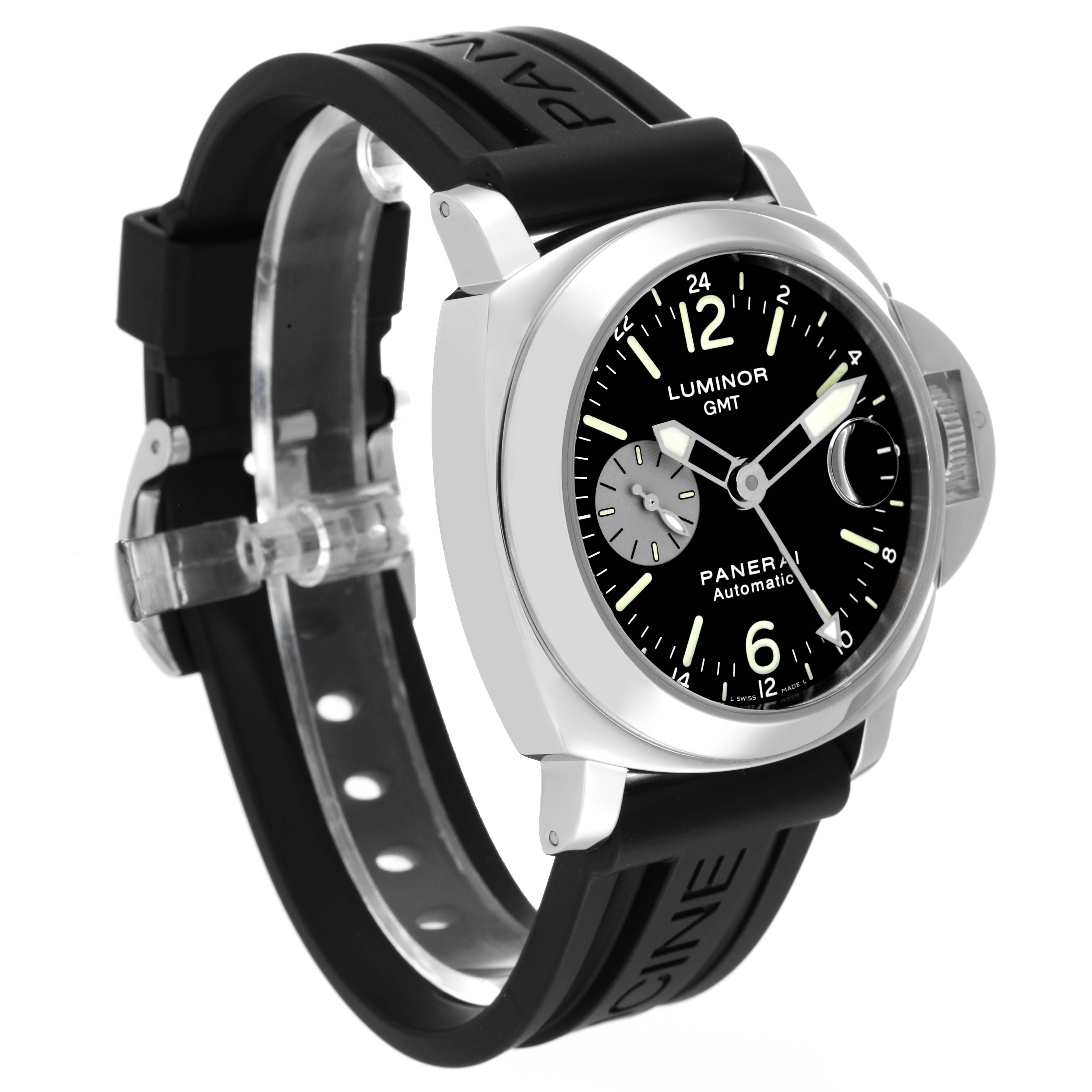 The Panerai Luminor PAM00088 Men
s Stainless Steel Black Dial PAM00088 Men
s Stainless Steel Black Dial watch is shown at an angle highlighting the dial, bezel, crown guard, and rubber strap.