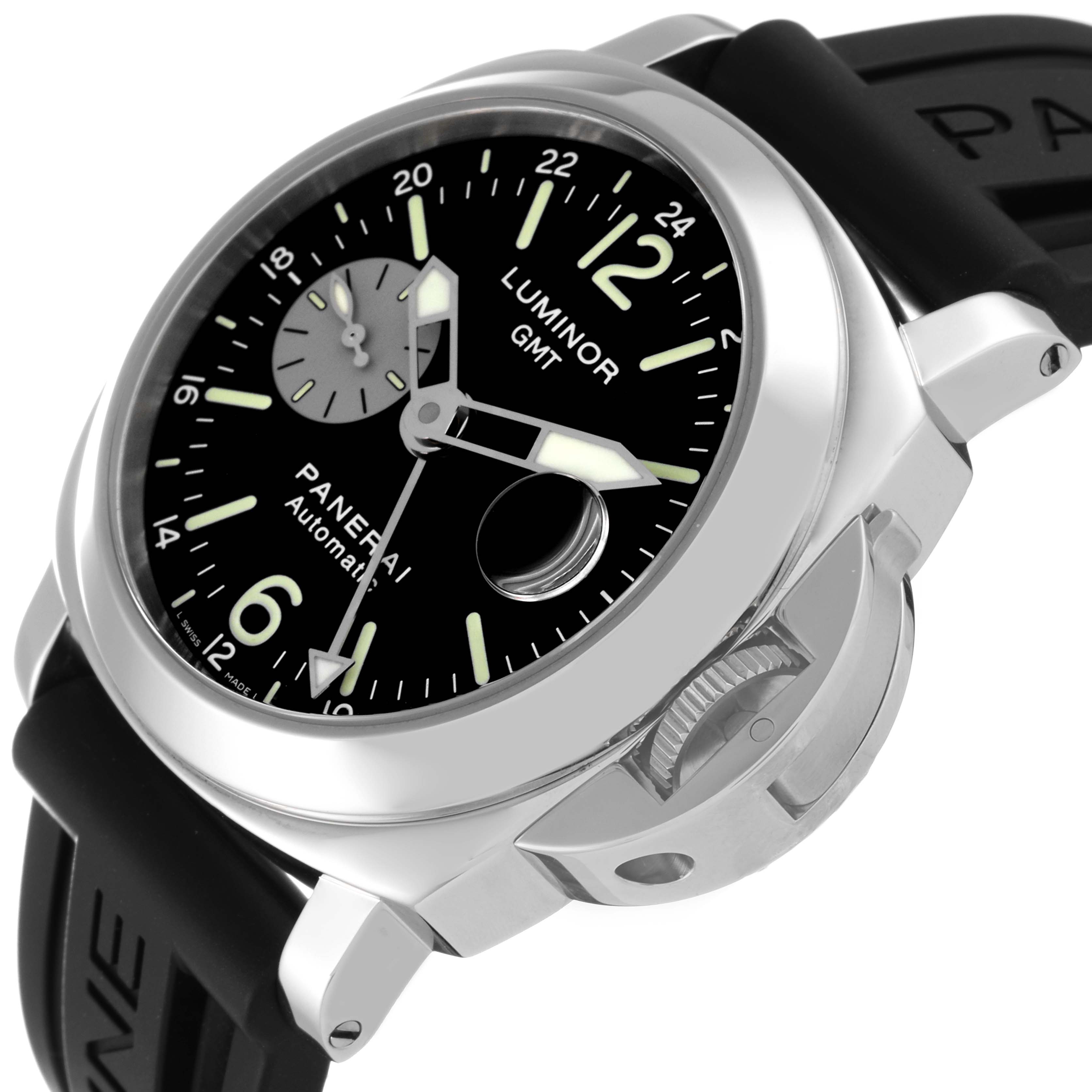 The image shows a close-up of the Panerai Luminor PAM00088 Men
s Stainless Steel Black Dial PAM00088 Men
s Stainless Steel Black Dial watch, highlighting the dial, crown, and strap, from an angled side view.