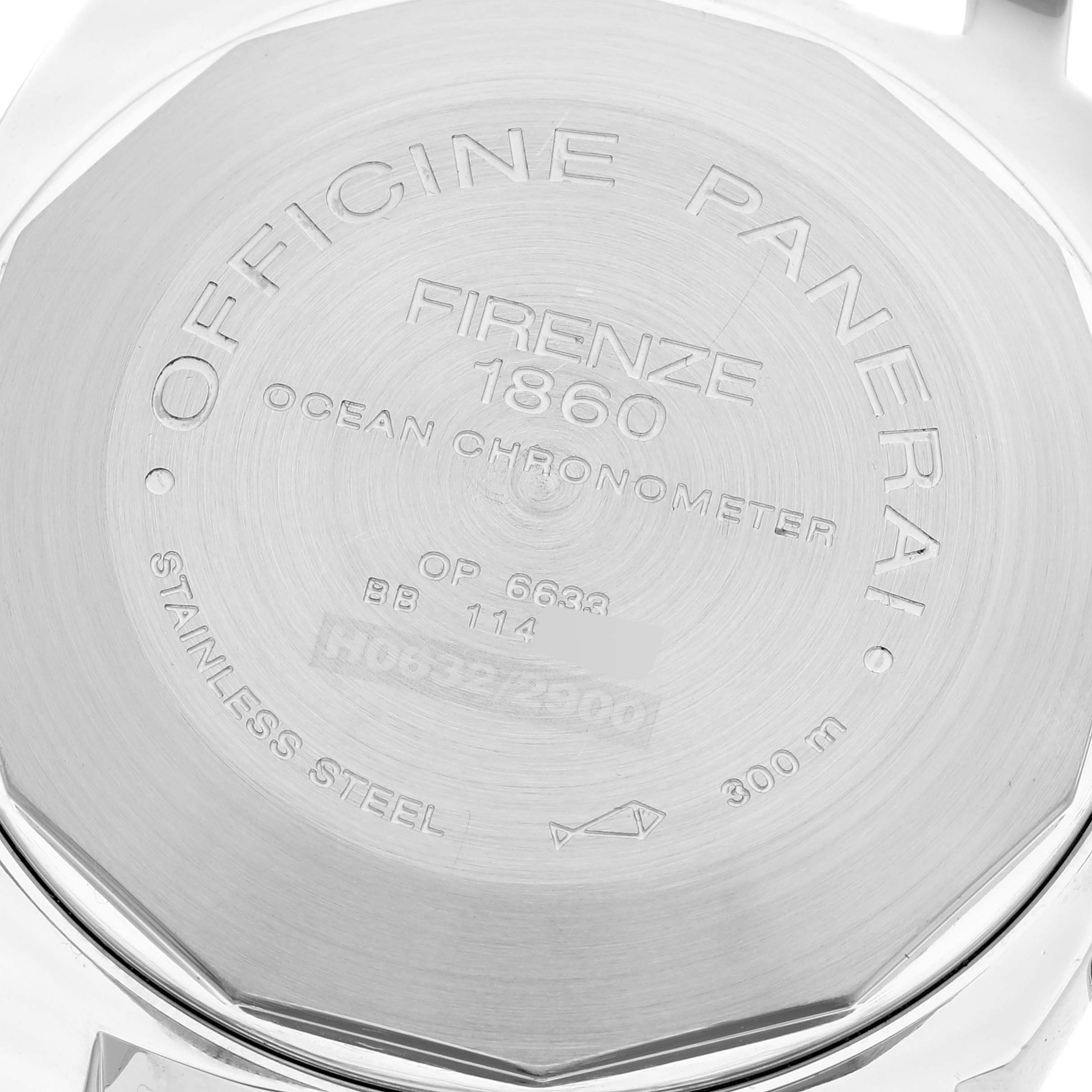 The image shows the back case of a Panerai Luminor PAM00088 Men
s Stainless Steel Black Dial PAM00088 Men
s Stainless Steel Black Dial watch, detailing its specifications.