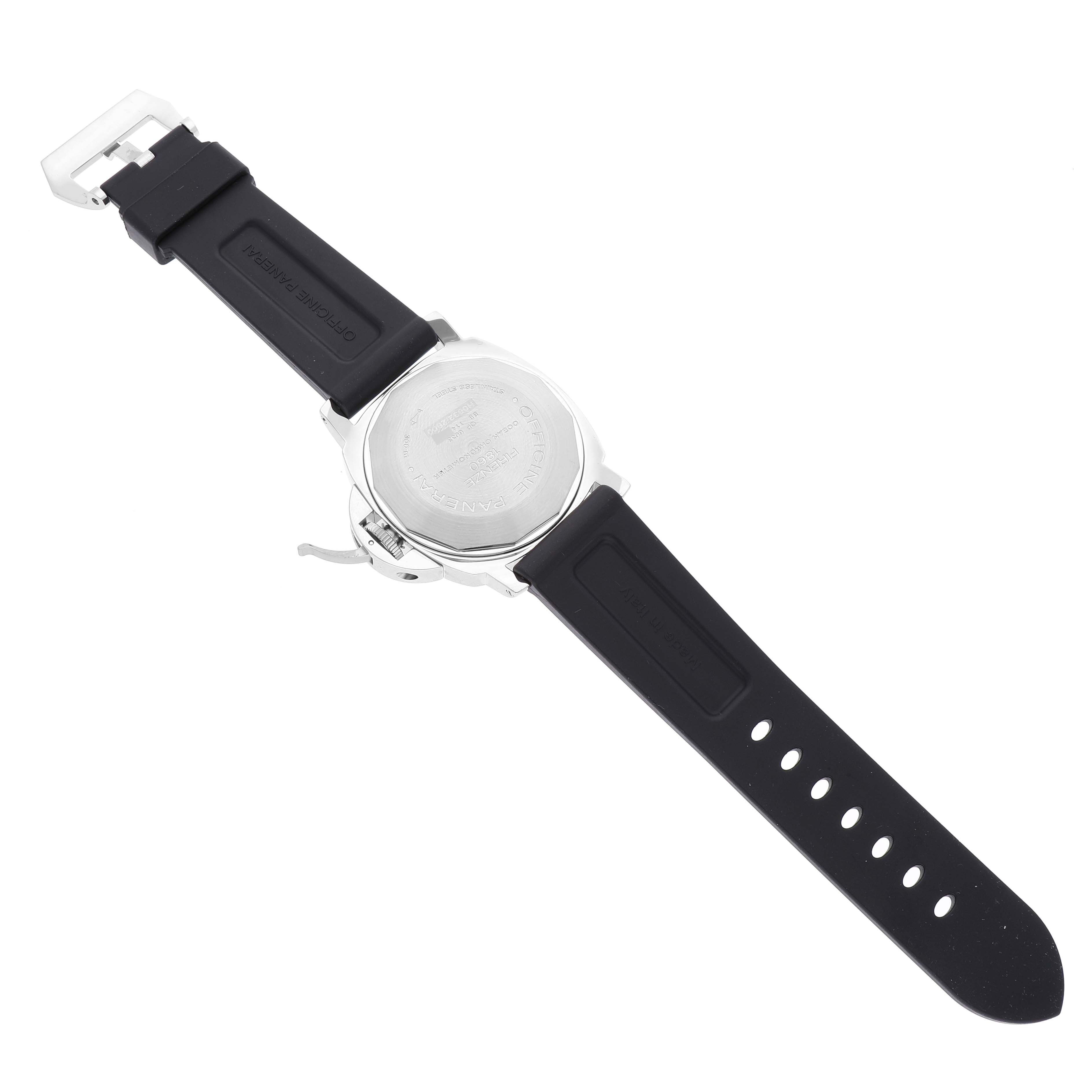 The image shows the back side of a Panerai Luminor PAM00088 Men
s Stainless Steel Black Dial PAM00088 Men
s Stainless Steel Black Dial watch, including the case back, buckle, and rubber strap.