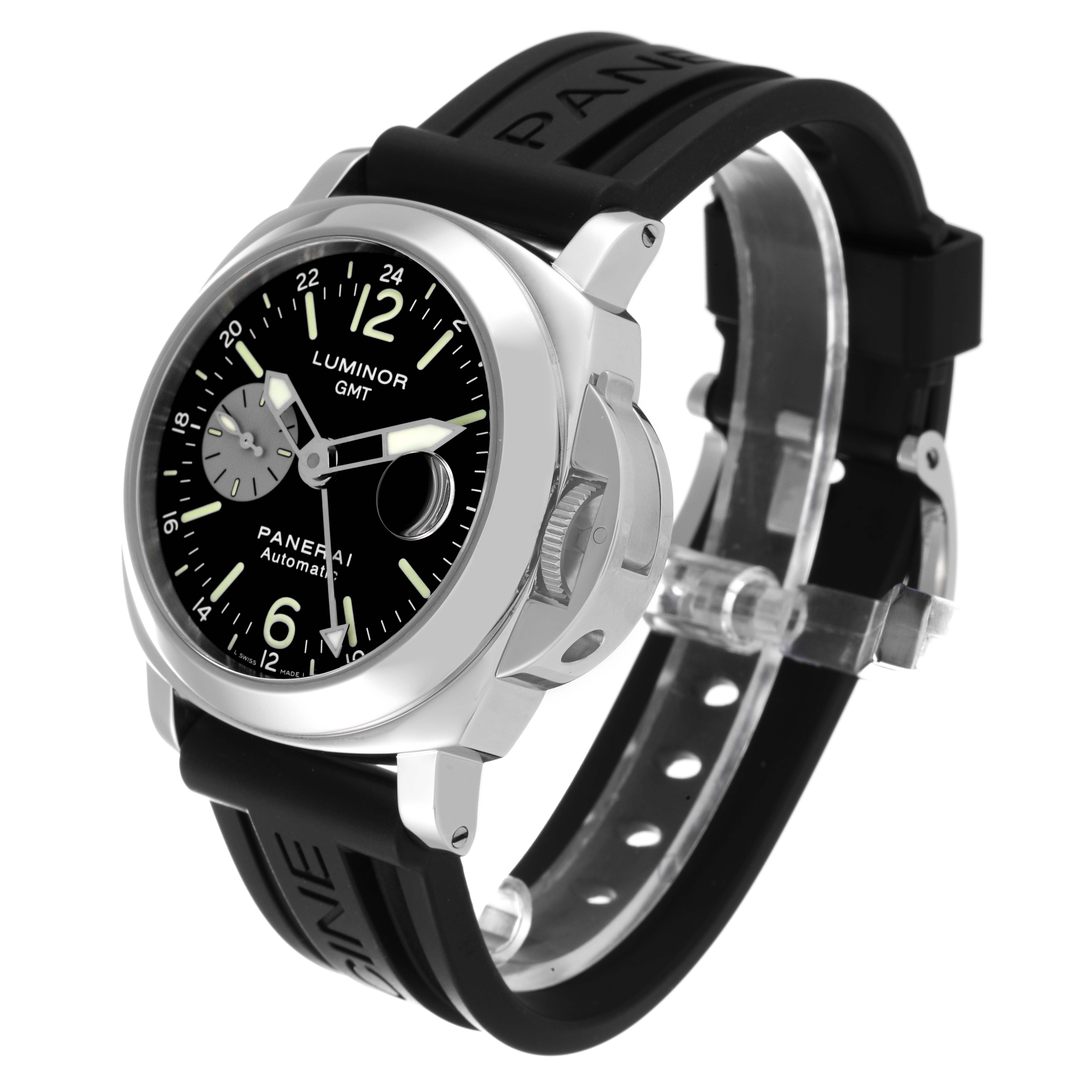 This image shows a Panerai Luminor PAM00088 Men
s Stainless Steel Black Dial PAM00088 Men
s Stainless Steel Black Dial watch at a three-quarter angle displaying its face, crown guard, and rubber strap.