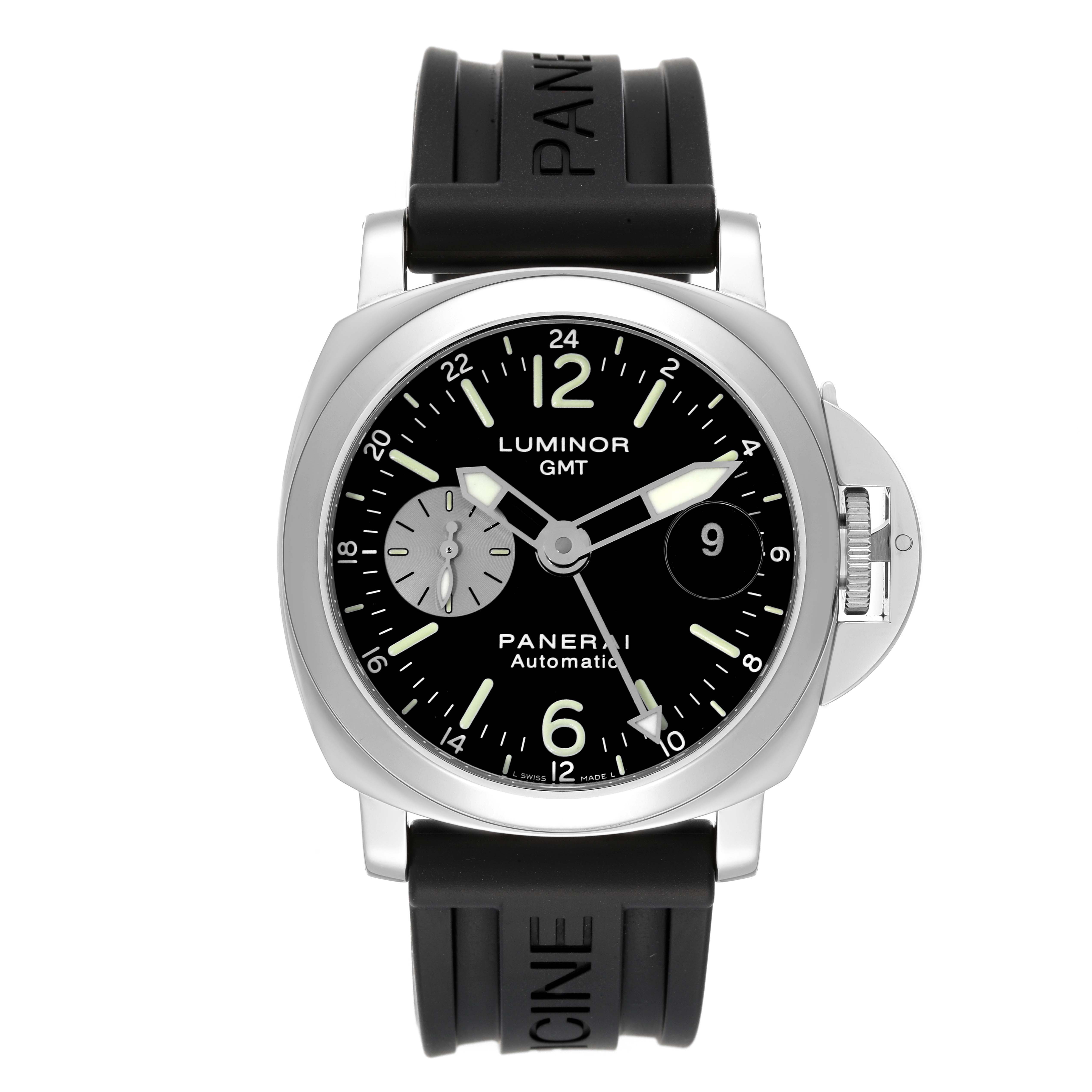 The image shows a front view of a Panerai Luminor PAM00088 Men
s Stainless Steel Black Dial PAM00088 Men
s Stainless Steel Black Dial GMT watch with a black rubber strap.