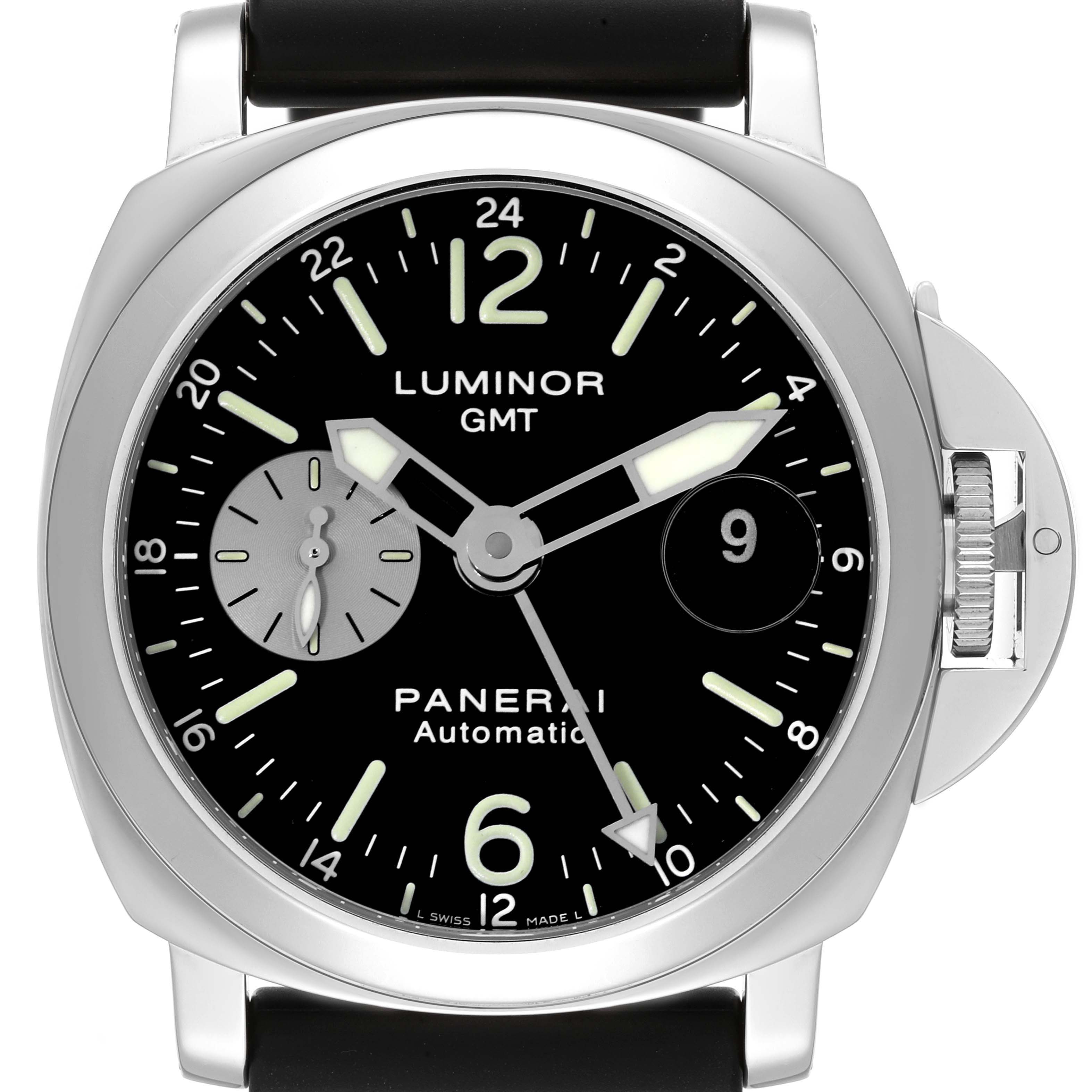 This is a front view of a Panerai Luminor PAM00088 Men
s Stainless Steel Black Dial PAM00088 Men
s Stainless Steel Black Dial GMT Automatic watch, showing the face, hands, crown guard, and strap attachments.
