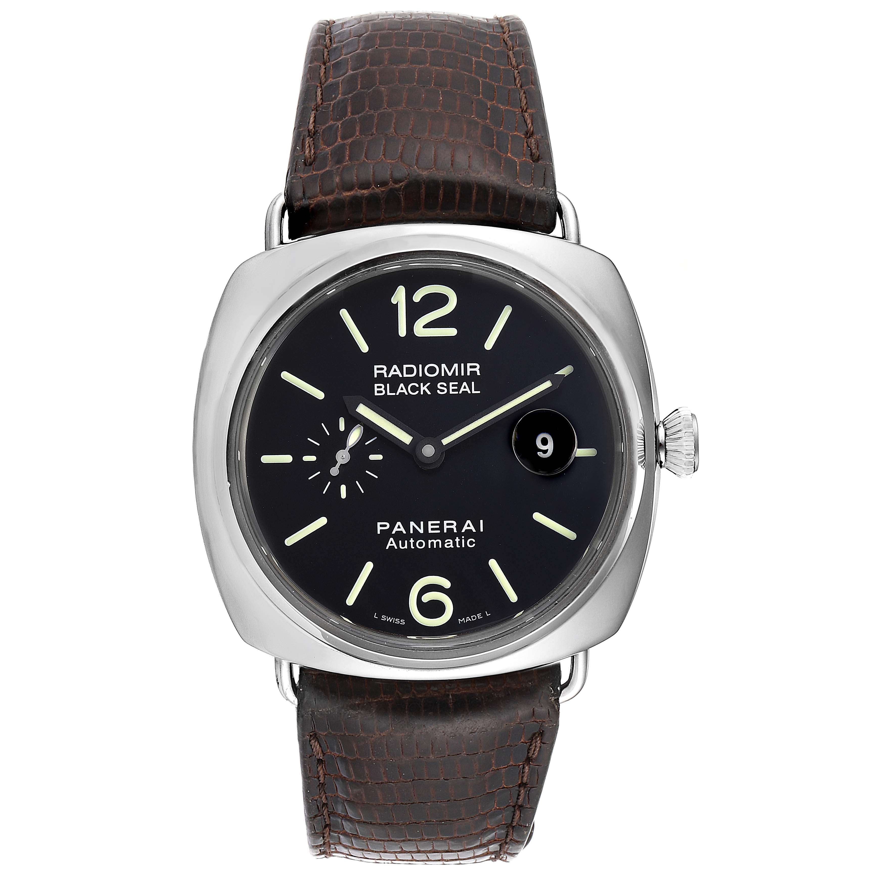 This image shows a front view of a Panerai Radiomir PAM00287 Men's Stainless Steel Black Dial PAM00287 Men's Stainless Steel Black Dial Black Seal watch, highlighting its dial, hands, case, crown, and leather strap.