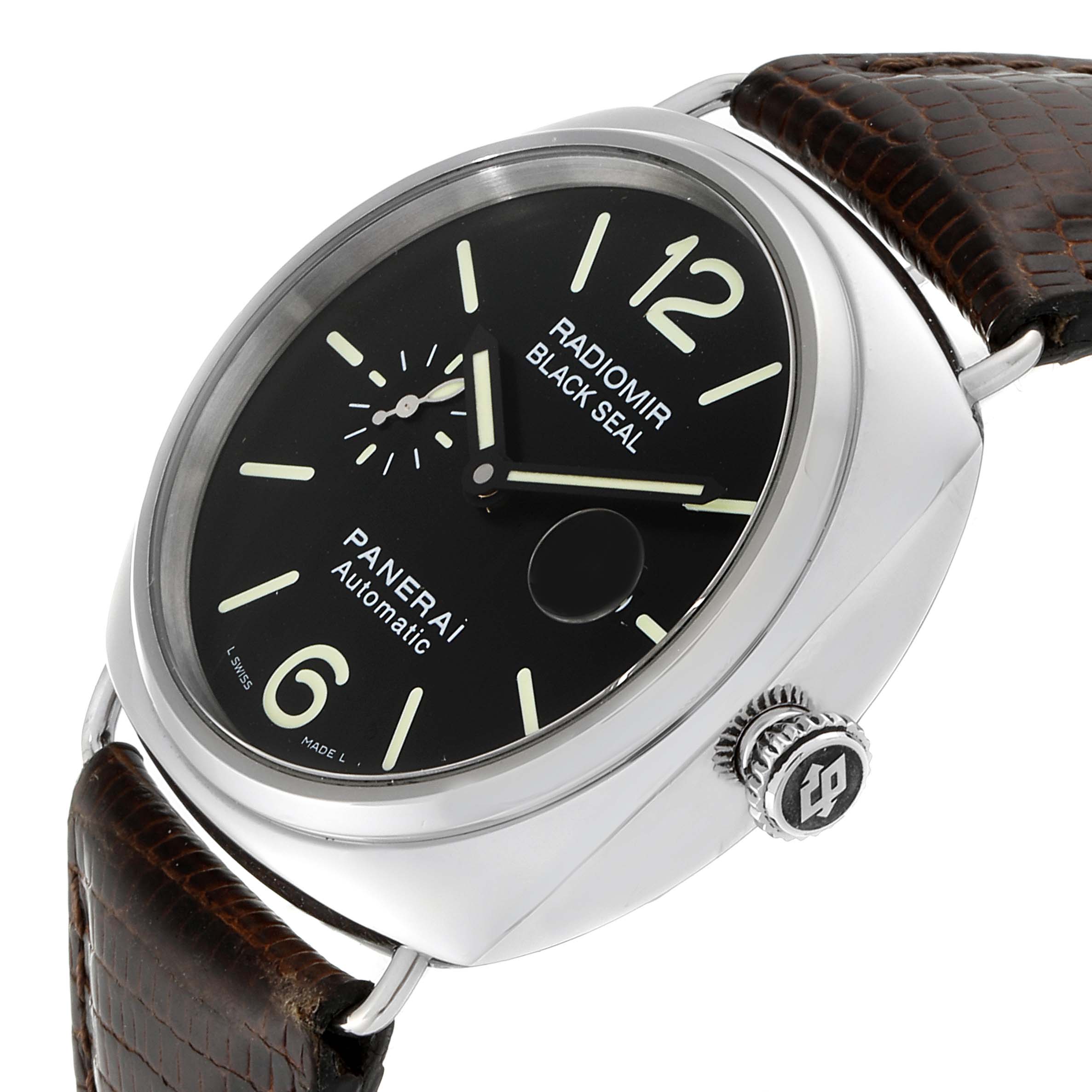 The Panerai Radiomir PAM00287 Men's Stainless Steel Black Dial PAM00287 Men's Stainless Steel Black Dial watch is shown from a side angle, highlighting the dial, crown, and leather strap.