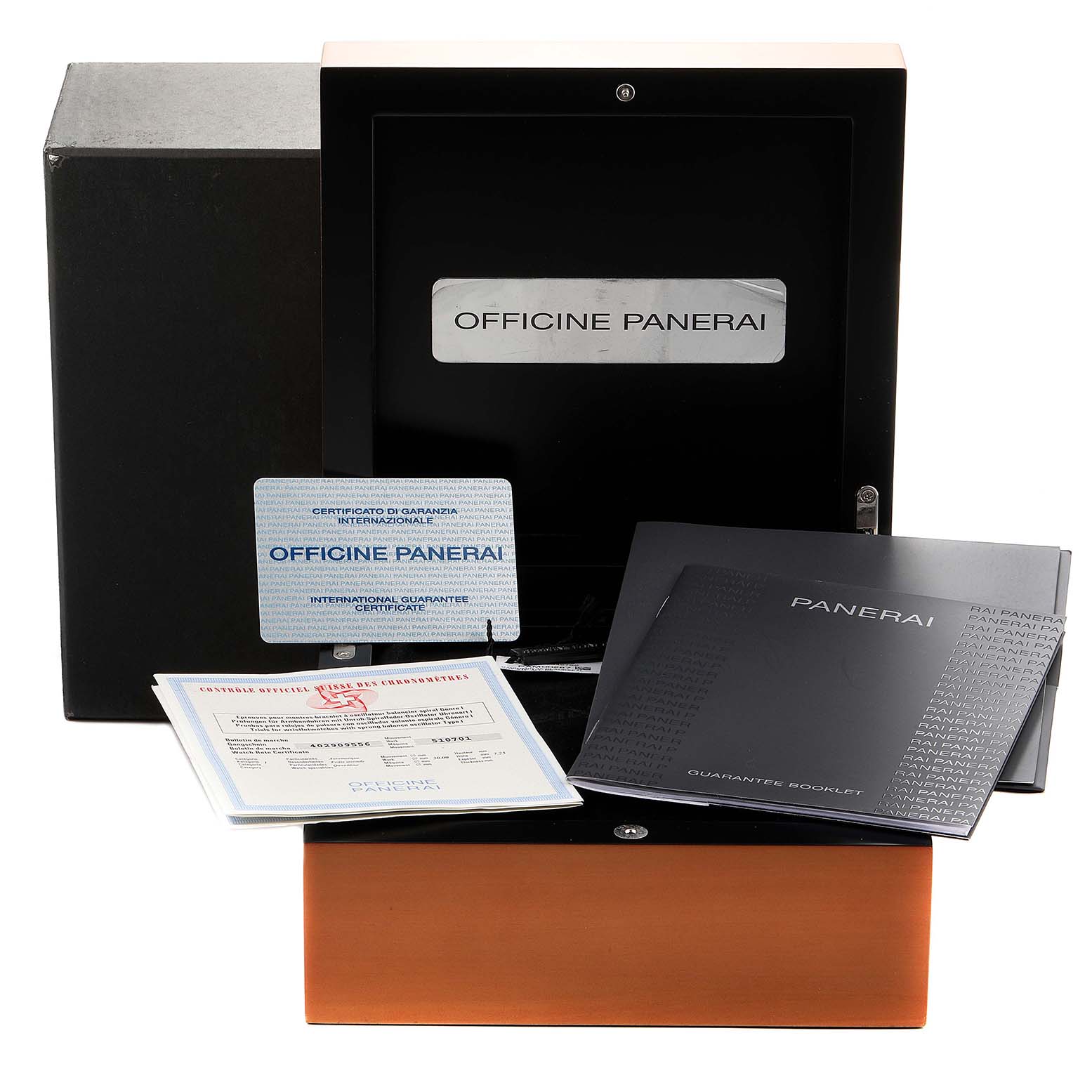 The image shows packaging and documentation for a Panerai Radiomir PAM00287 Men's Stainless Steel Black Dial PAM00287 Men's Stainless Steel Black Dial watch, including booklets and certificates.