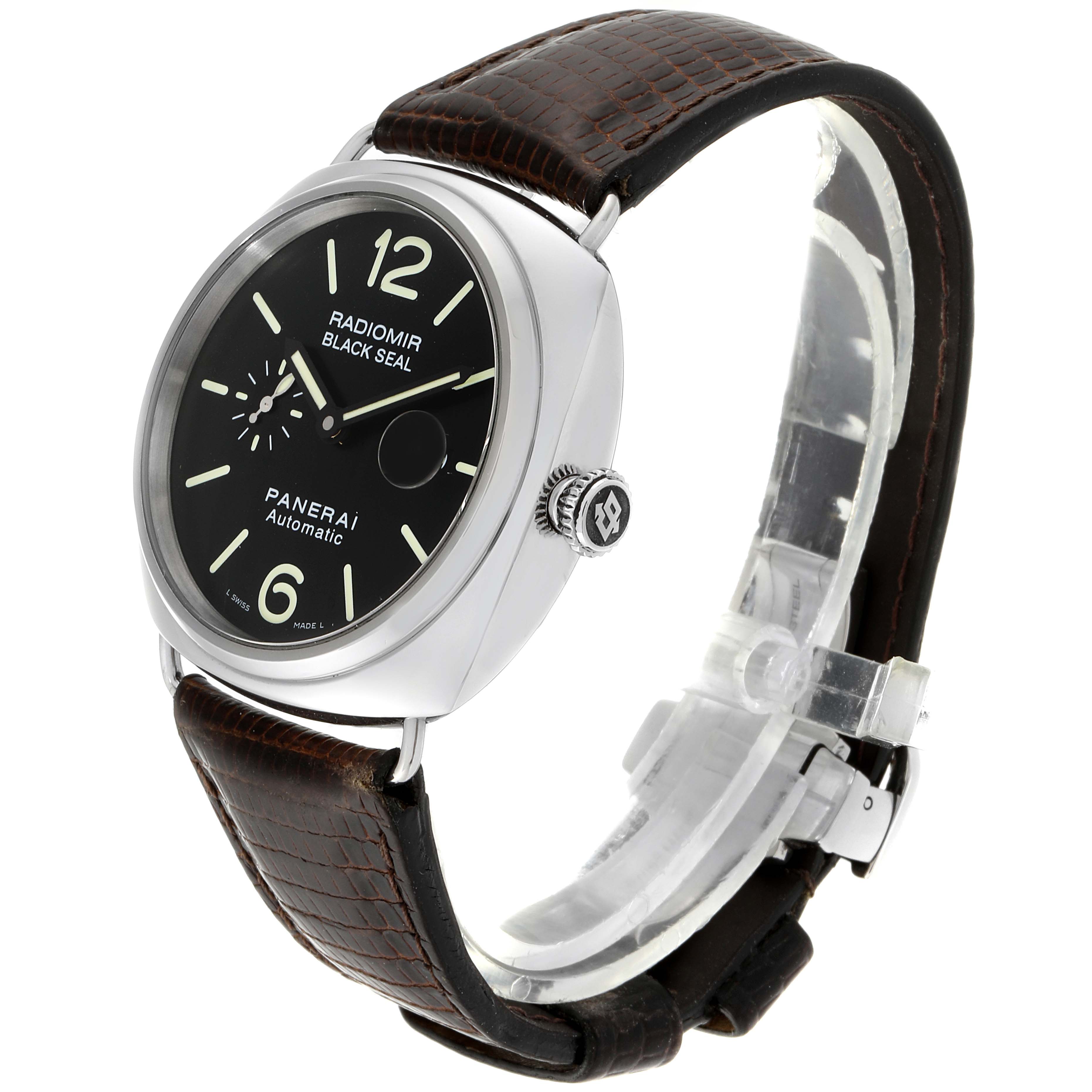 The image shows a side-angle view of a Panerai Radiomir PAM00287 Men's Stainless Steel Black Dial PAM00287 Men's Stainless Steel Black Dial watch with a black dial and brown leather strap.