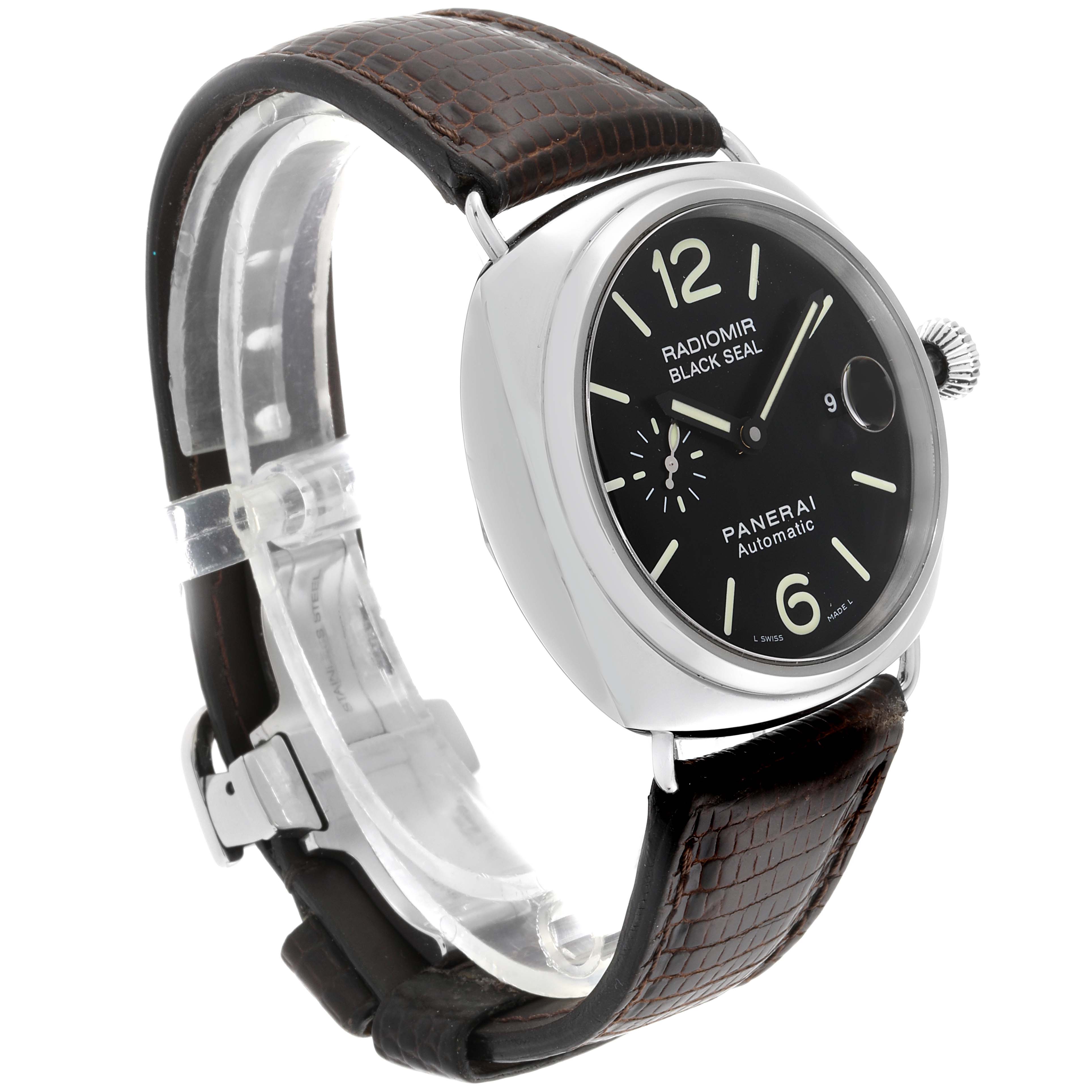 The image shows a side and slightly angled front view of the Panerai Radiomir PAM00287 Men's Stainless Steel Black Dial PAM00287 Men's Stainless Steel Black Dial watch, highlighting its face, bezel, crown, and leather strap.