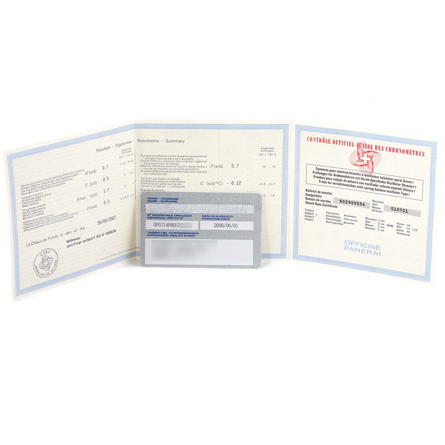 This image shows the authenticity documents and warranty card for a Panerai Radiomir PAM00287 Men's Stainless Steel Black Dial PAM00287 Men's Stainless Steel Black Dial watch.