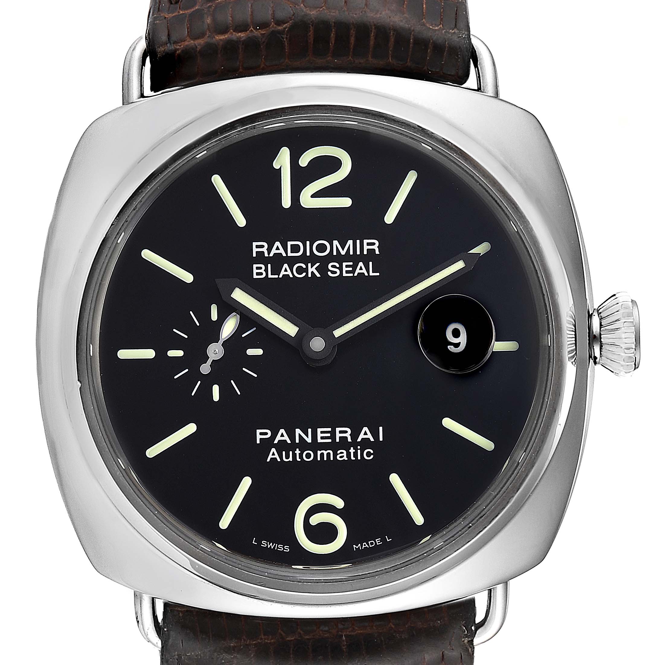 The image shows a front view of the Panerai Radiomir PAM00287 Men's Stainless Steel Black Dial PAM00287 Men's Stainless Steel Black Dial watch, displaying its face, hour markers, and crown.