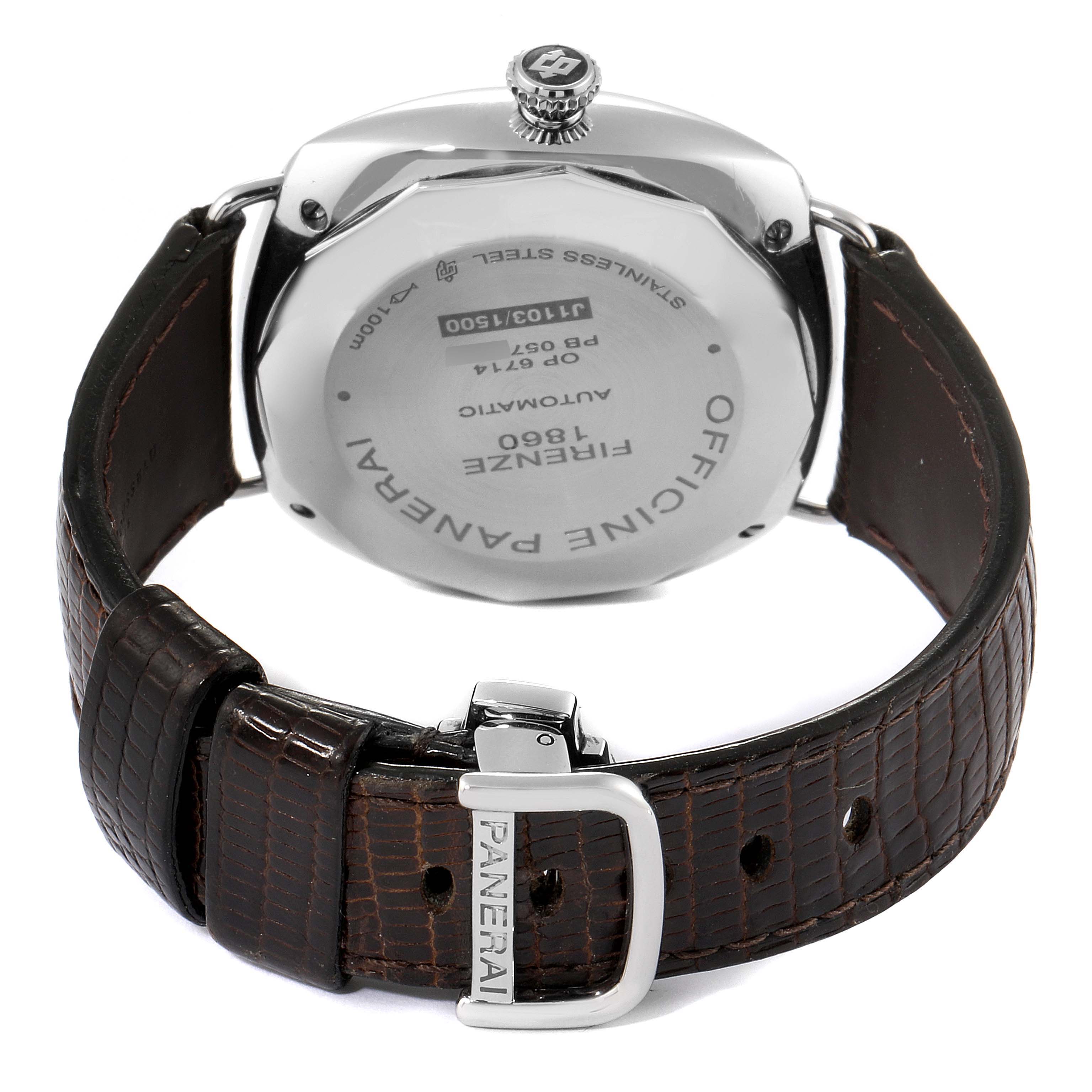 The image shows the back view of the Panerai Radiomir PAM00287 Men's Stainless Steel Black Dial PAM00287 Men's Stainless Steel Black Dial watch, highlighting its case back, crown, and leather strap with a Panerai-engraved buckle.