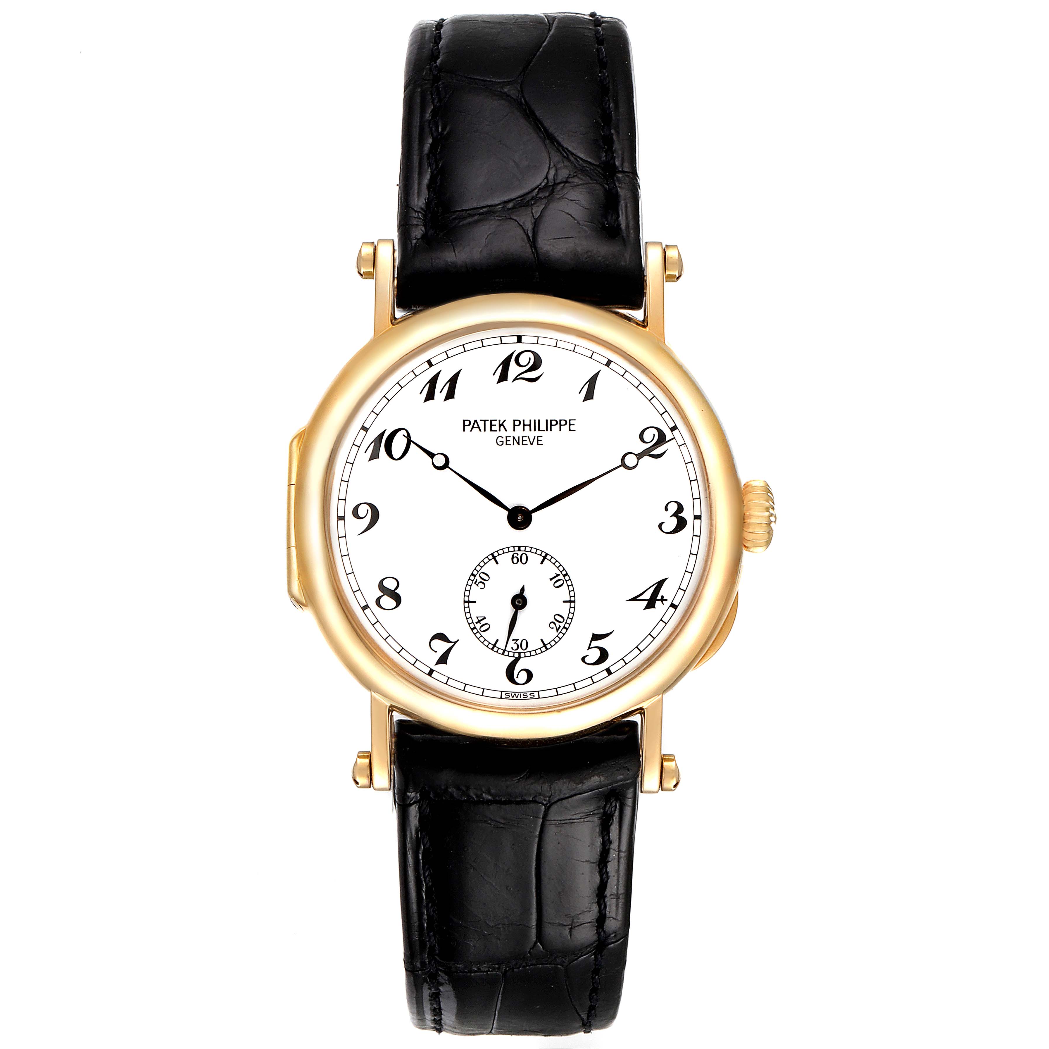 The image shows a front view of a Patek Philippe Calatrava 3960J Men's Yellow Gold White Dial 3960J Men's Yellow Gold White Dial watch with a white dial, gold case, and black leather strap.