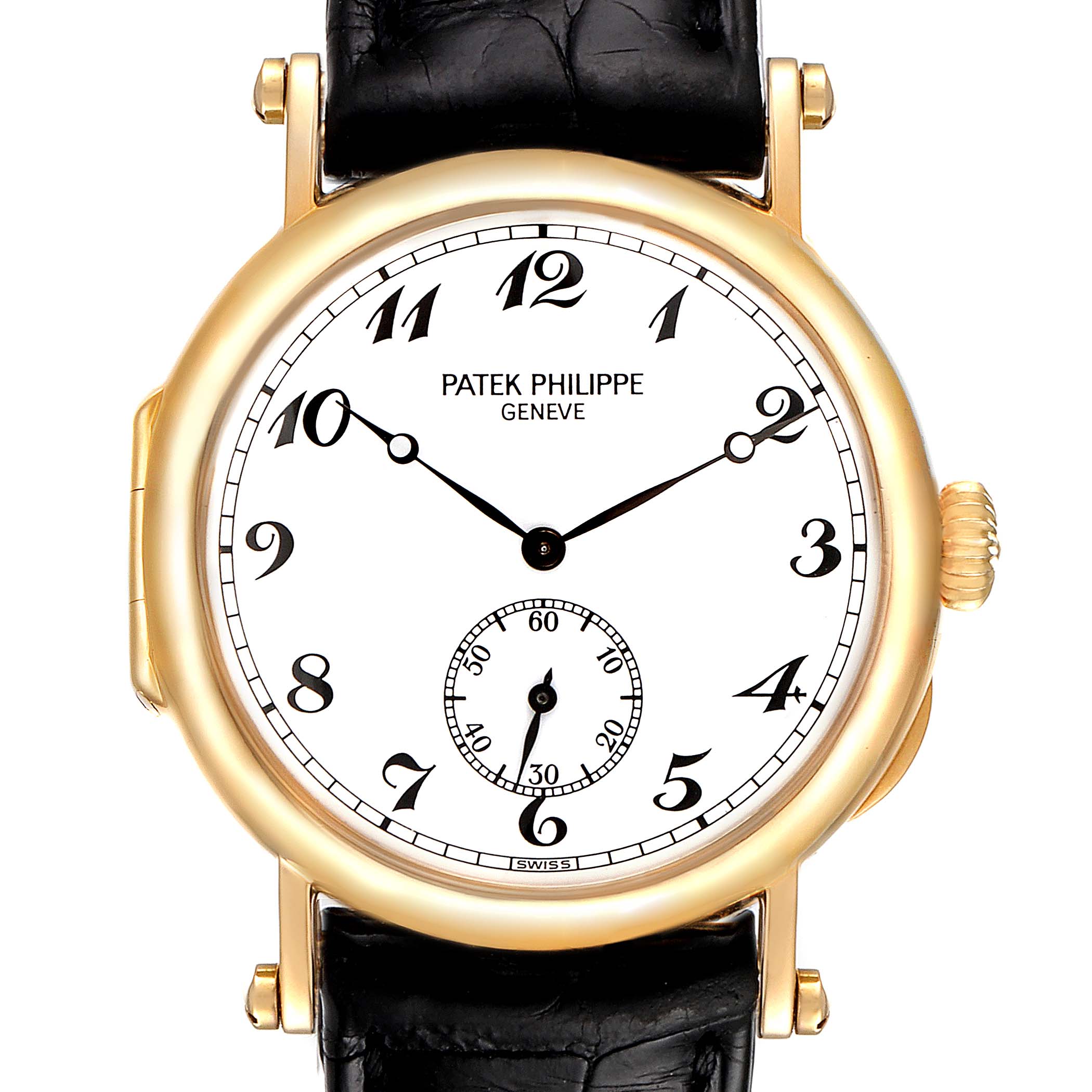 This image displays a top-down view of a Patek Philippe Calatrava 3960J Men's Yellow Gold White Dial 3960J Men's Yellow Gold White Dial watch face, showcasing its gold case, black leather strap, and elegant dial.