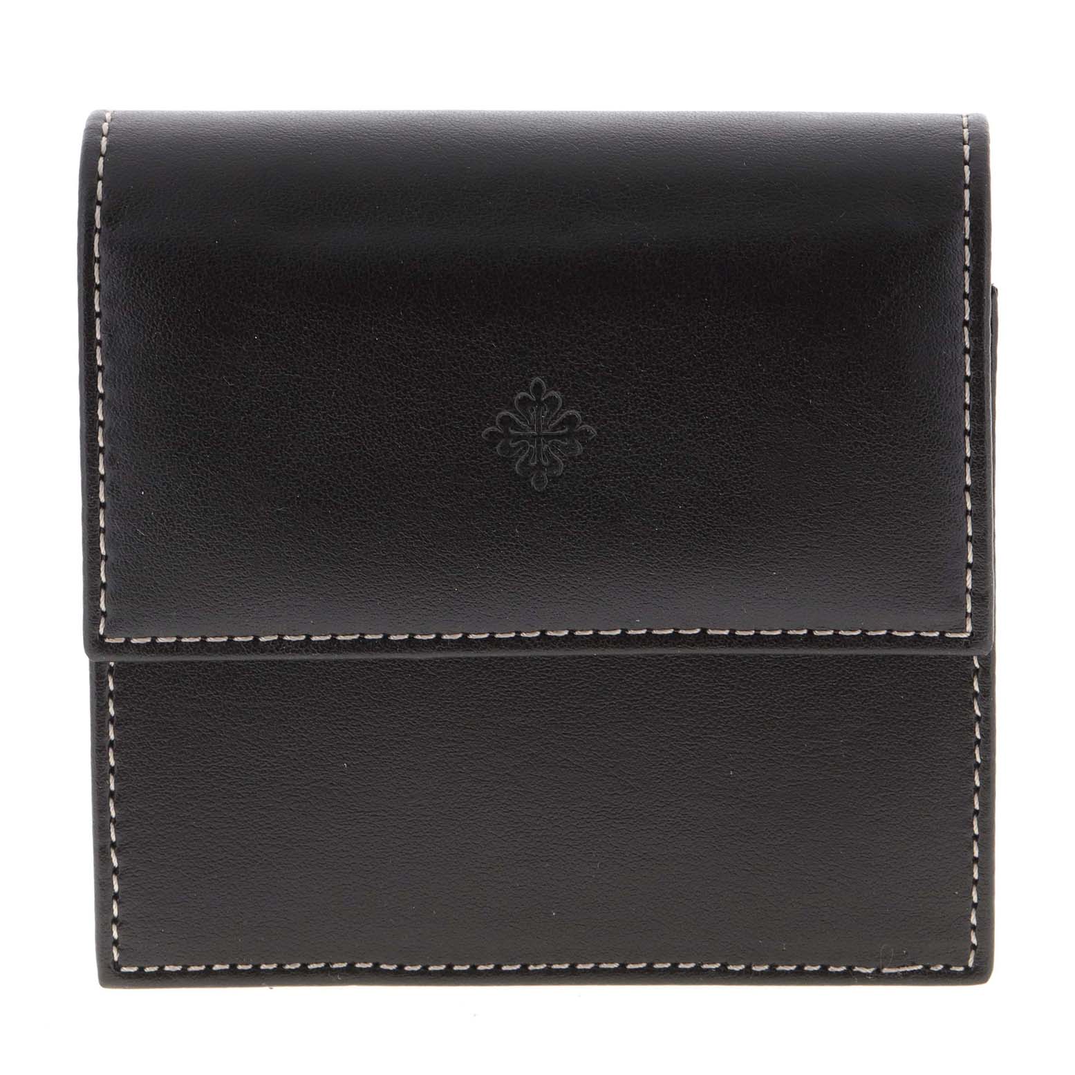 The image shows a black leather case for a Patek Philippe Calatrava 3960J Men's Yellow Gold White Dial 3960J Men's Yellow Gold White Dial watch, viewed from the front.