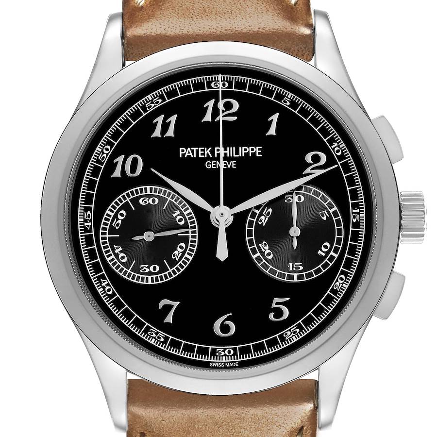 The Patek Philippe Complications 5170G Men's White Gold Black Dial watch is shown from a front angle, displaying the dial, hands, and pushers.