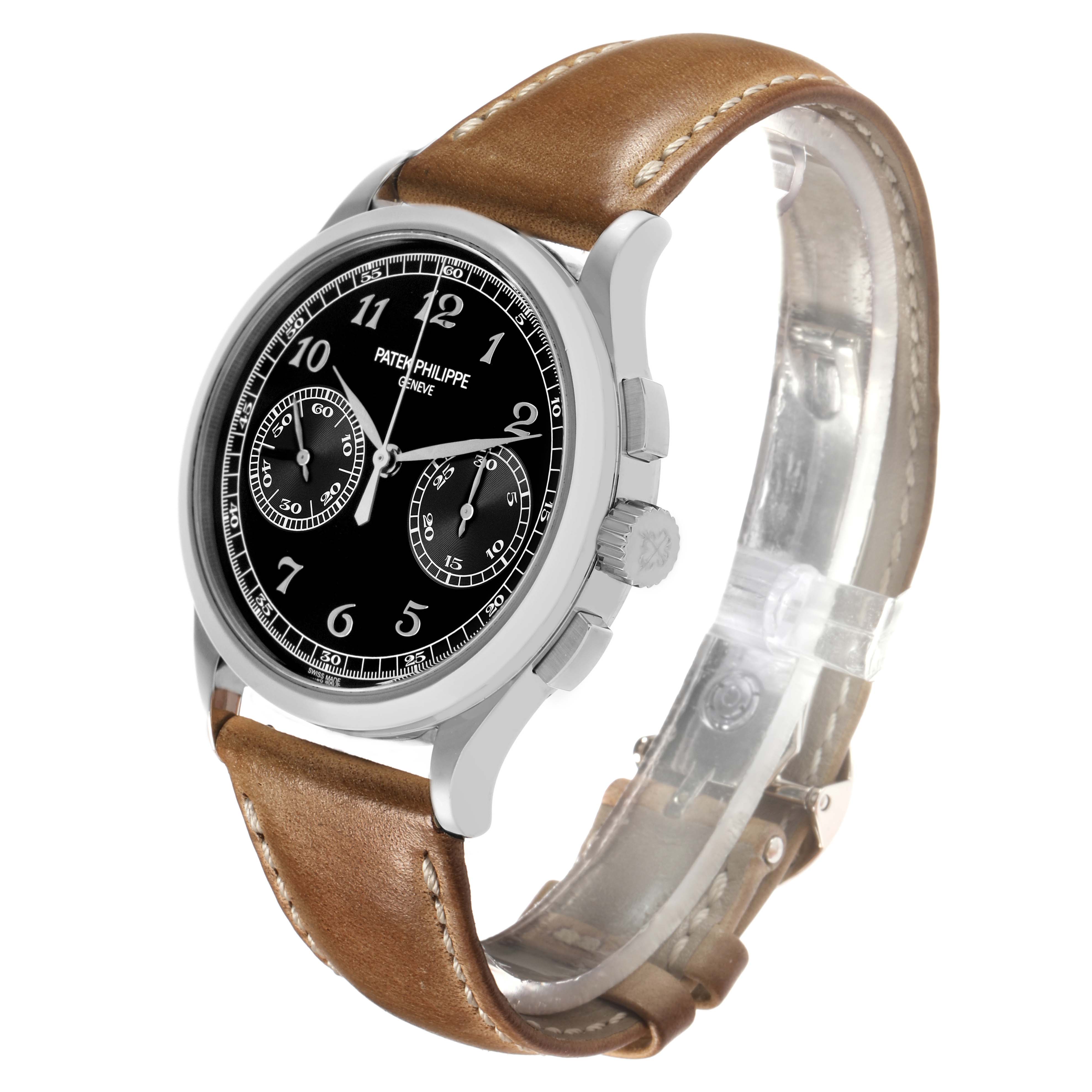 The image shows a Patek Philippe Complications 5170G Men
s White Gold Black Dial watch at a three-quarter angle, displaying the dial, case, crown, pushers, and leather strap.