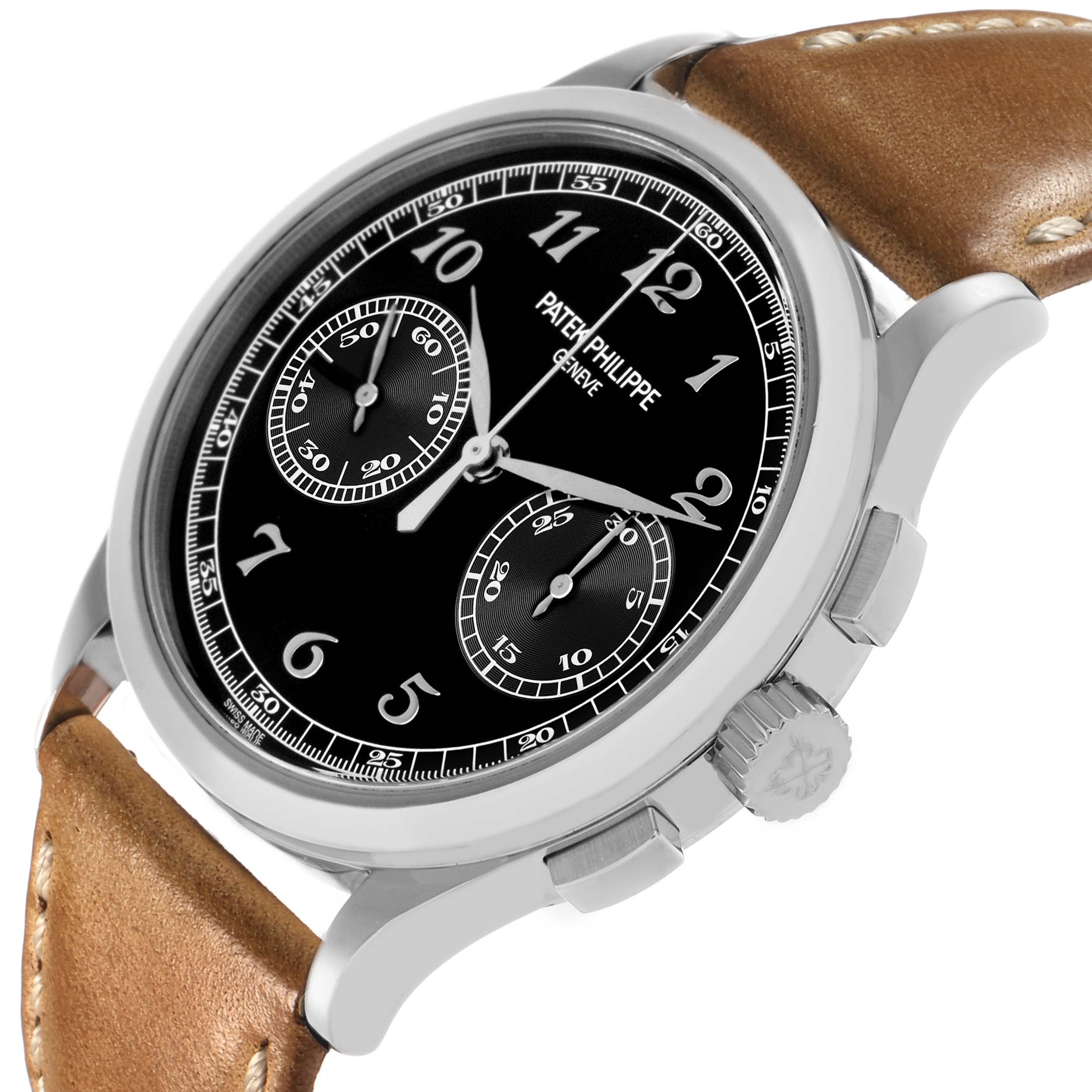 The image shows a Patek Philippe Complications 5170G Men
s White Gold Black Dial watch at a slight side angle, highlighting the dial, crown, and pushers, with a partial view of the leather strap.