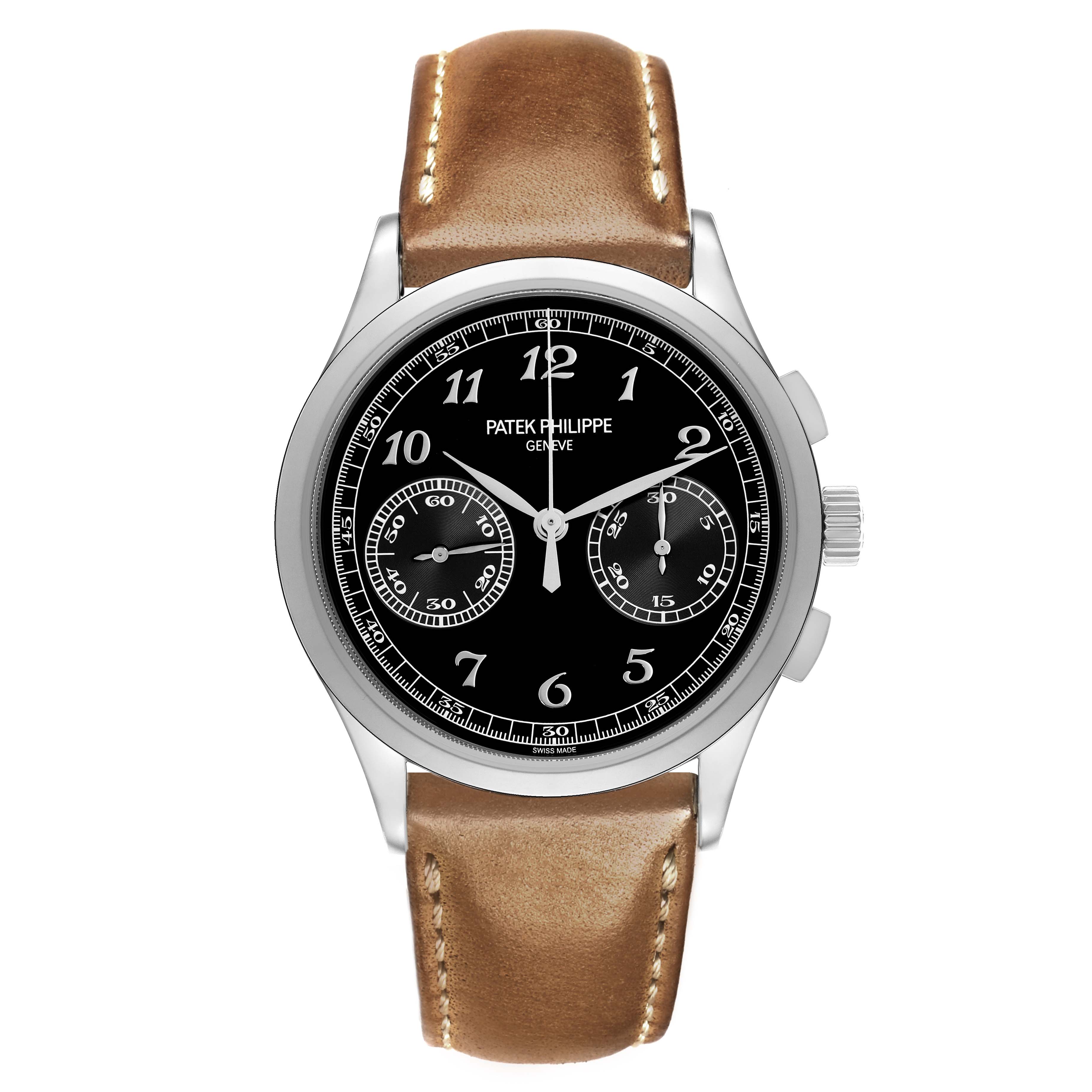 The Patek Philippe Complications 5170G Men
s White Gold Black Dial model is shown from a top-down angle, displaying the dial, case, and leather strap.