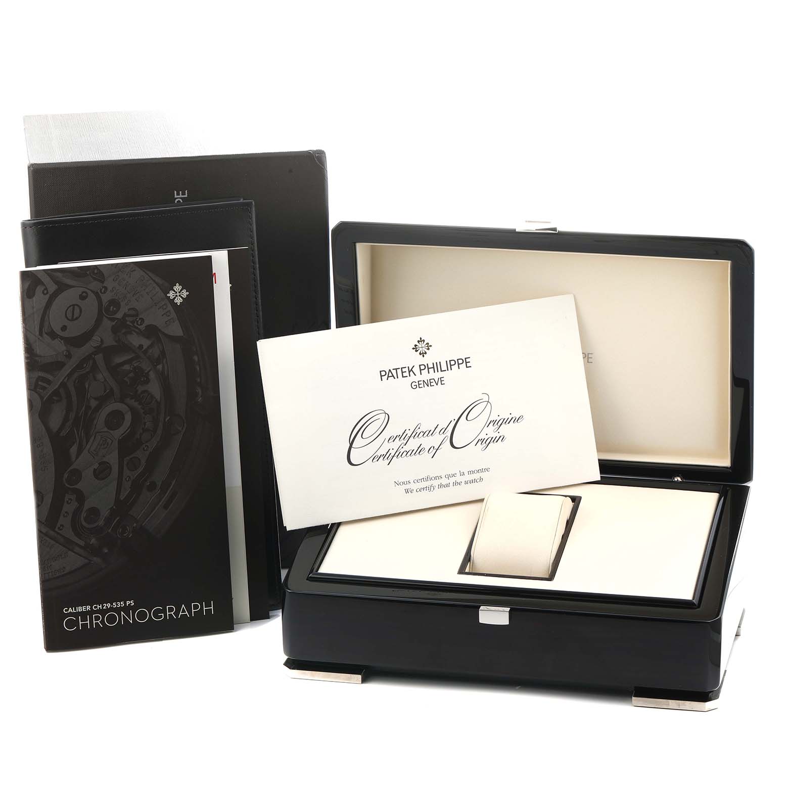 The image shows a Patek Philippe Complications 5170G Men
s White Gold Black Dial watch box, certificate, and manuals from a front angle.