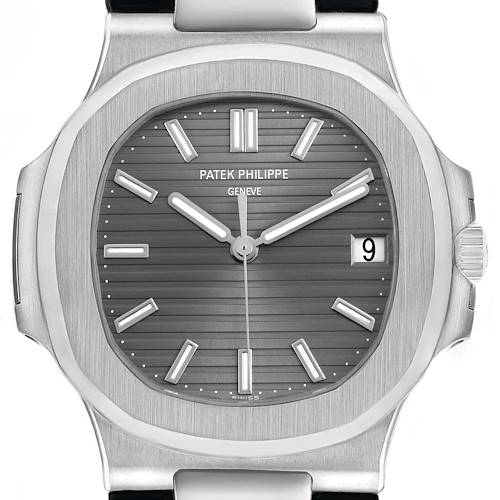 The Patek Philippe Nautilus 5711G-001 Men's White Gold Silver Dial watch is shown from the front, displaying the dial, hands, bezel, and date window.