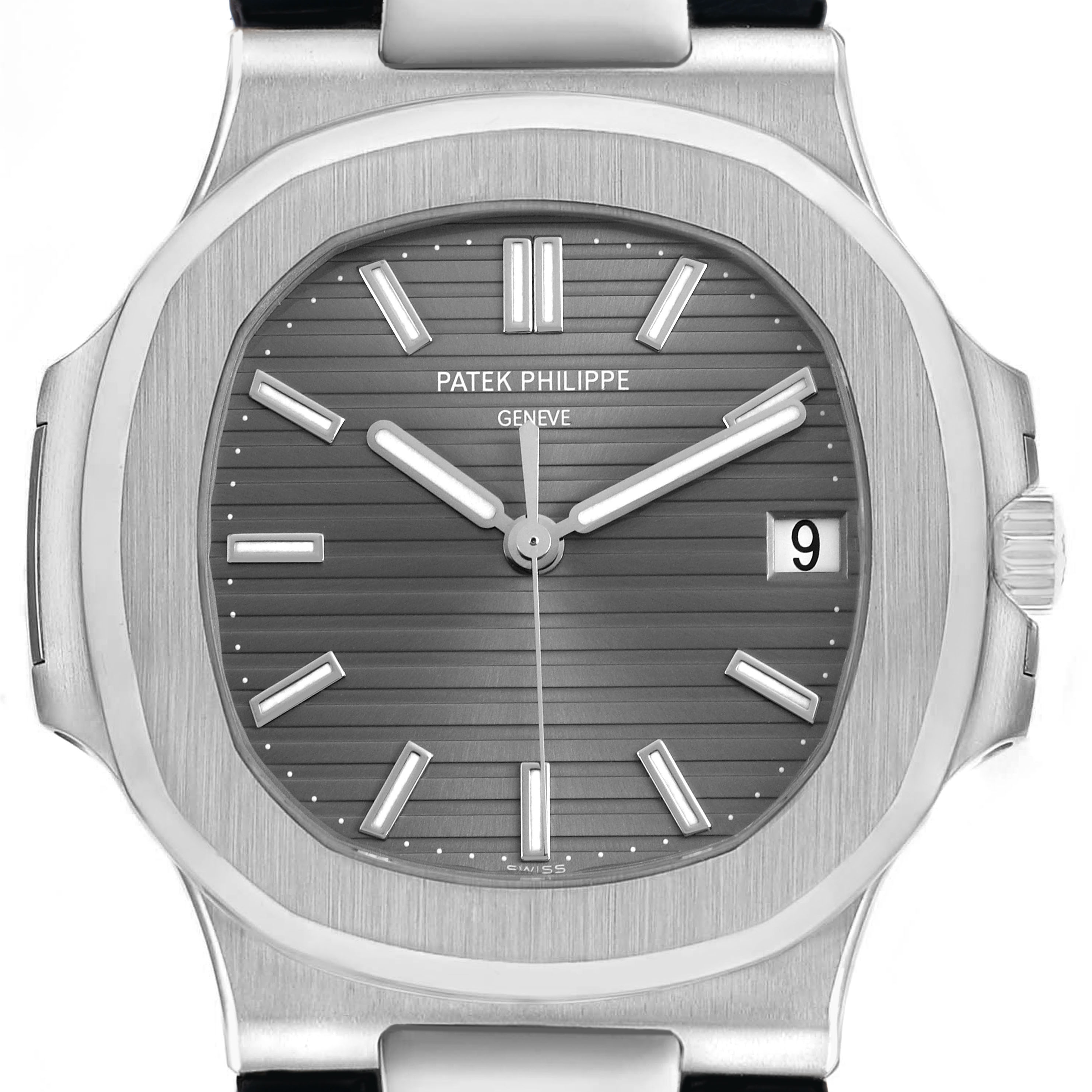 The image shows a front view of the Patek Philippe Nautilus 5711G-001 Men's White Gold Silver Dial watch, highlighting the dial, hands, date, and bezel.