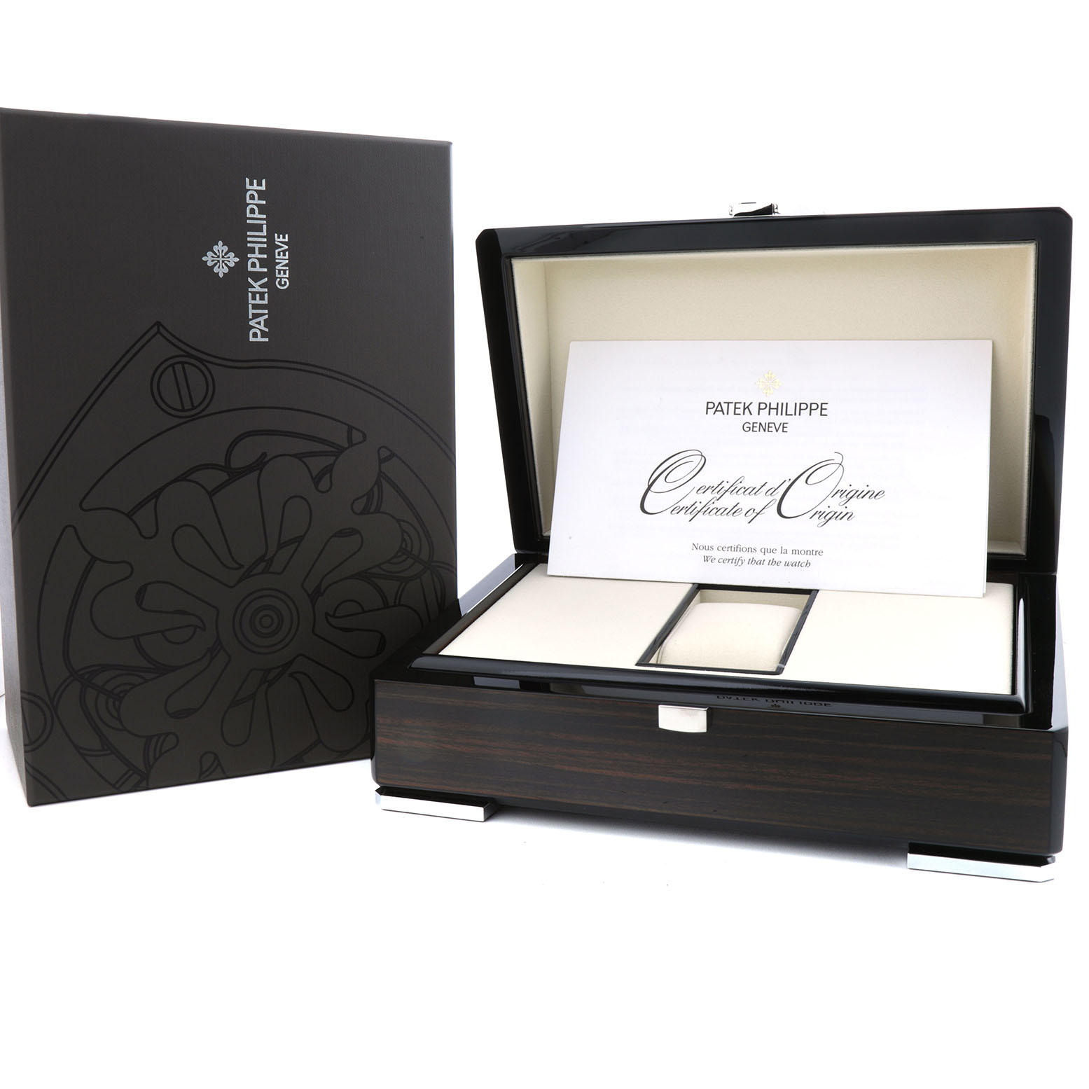 The image shows a Patek Philippe Nautilus 5711G-001 Men's White Gold Silver Dial watch box and certificate, viewed from the front with the box open.
