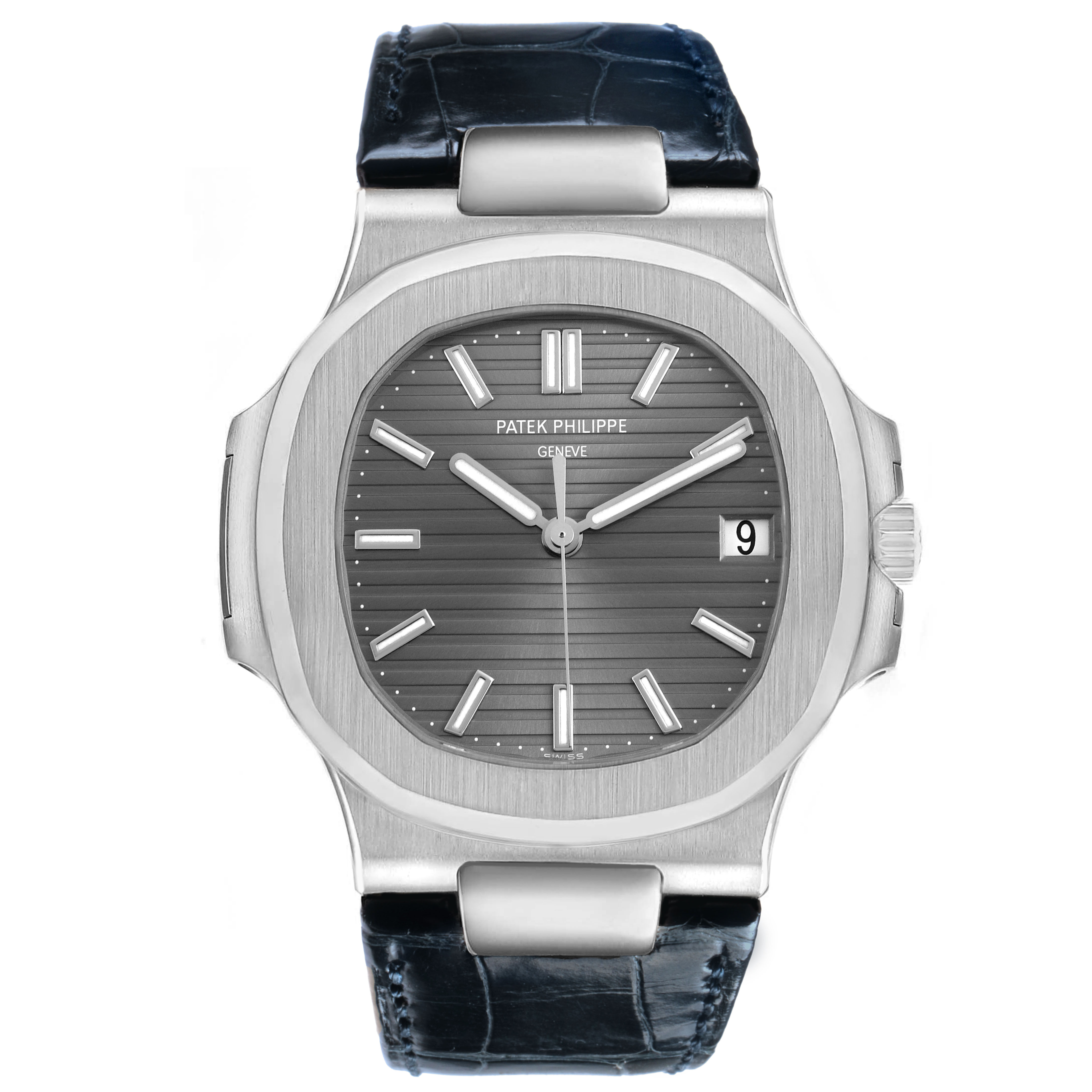 The Patek Philippe Nautilus 5711G-001 Men's White Gold Silver Dial watch is shown from the front, displaying the dial, hands, bezel, strap, and date window.