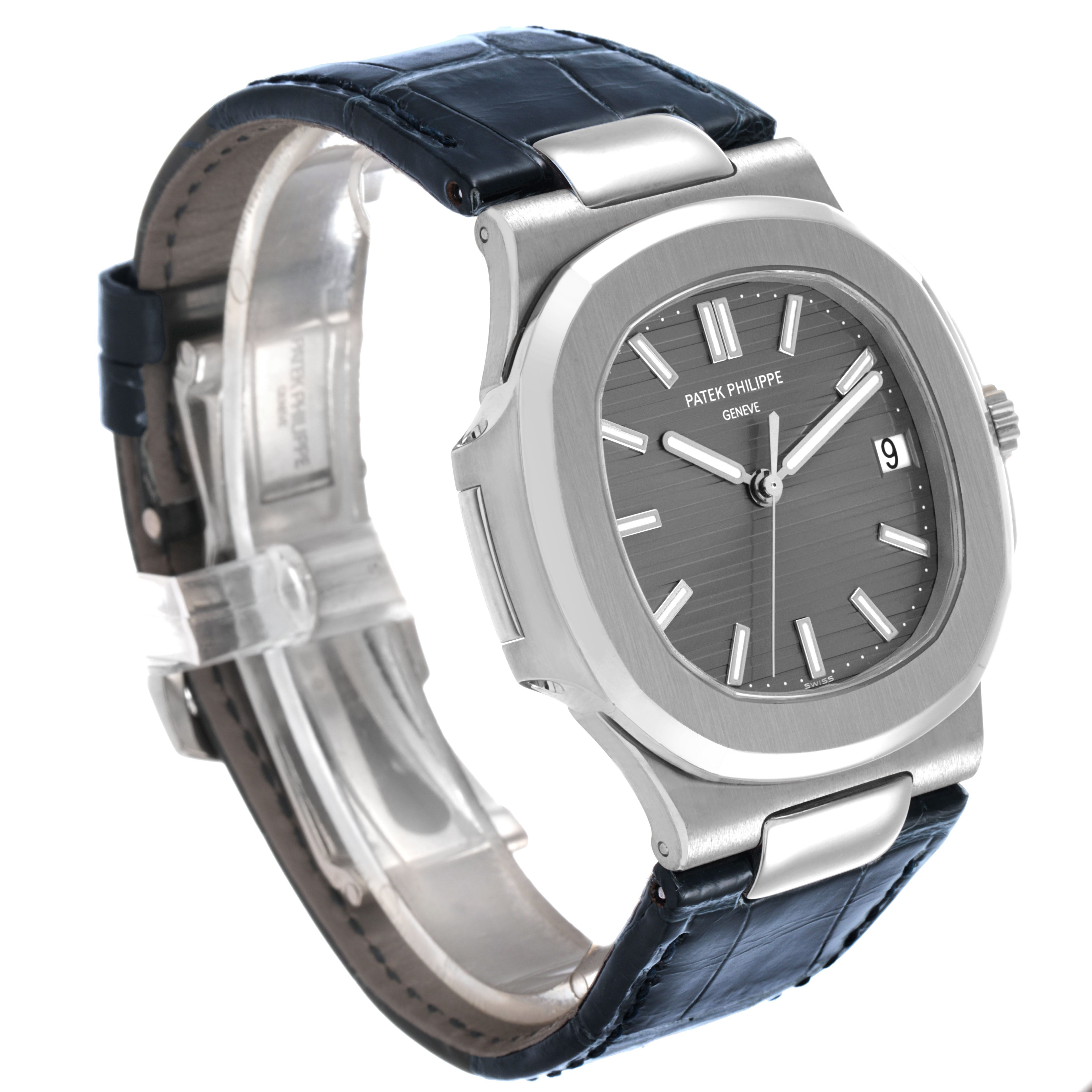 The Patek Philippe Nautilus 5711G-001 Men's White Gold Silver Dial watch is shown at a three-quarter angle, displaying the face, bezel, and leather strap.
