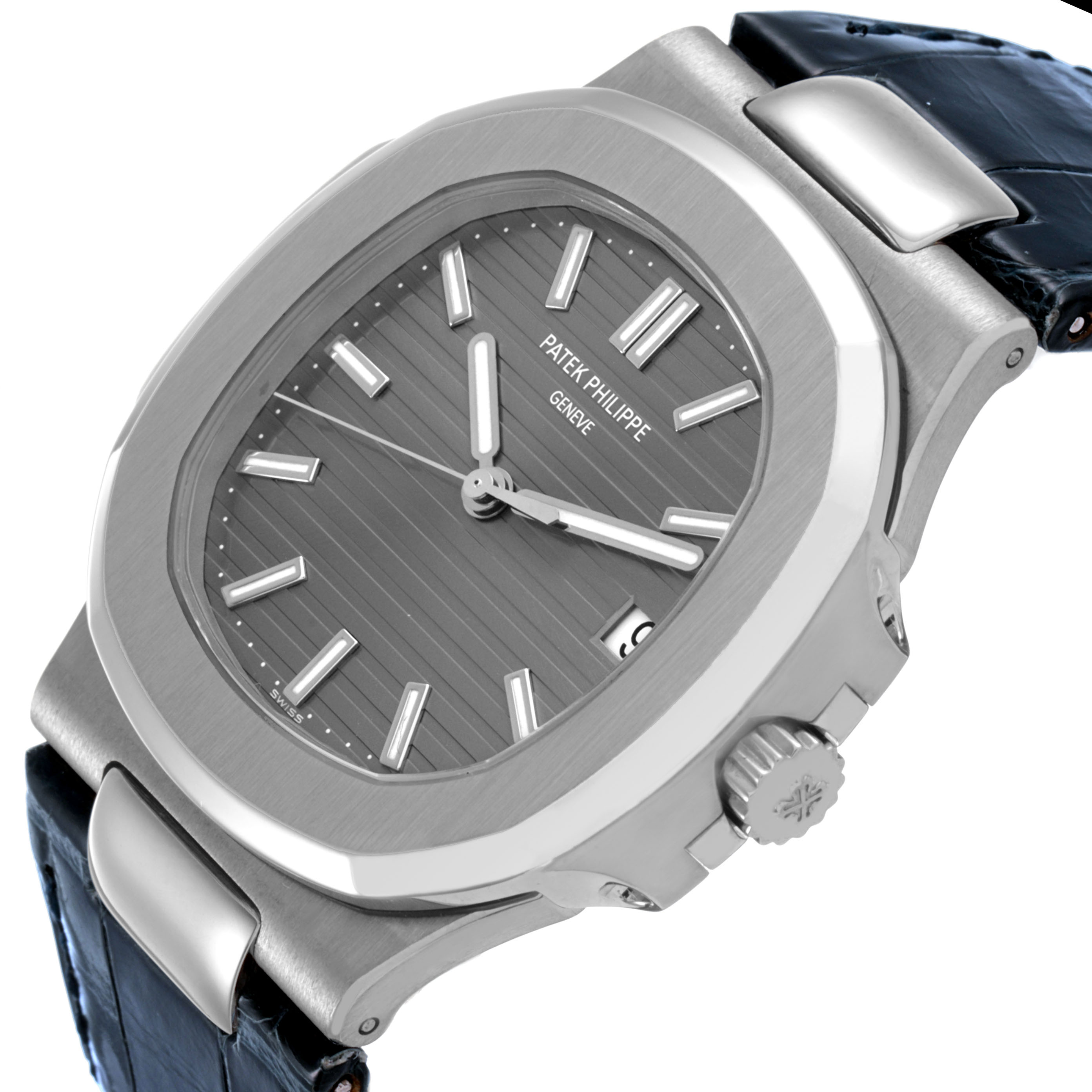 The Patek Philippe Nautilus 5711G-001 Men's White Gold Silver Dial watch is shown at an angle highlighting the dial, case, crown, and part of the strap.