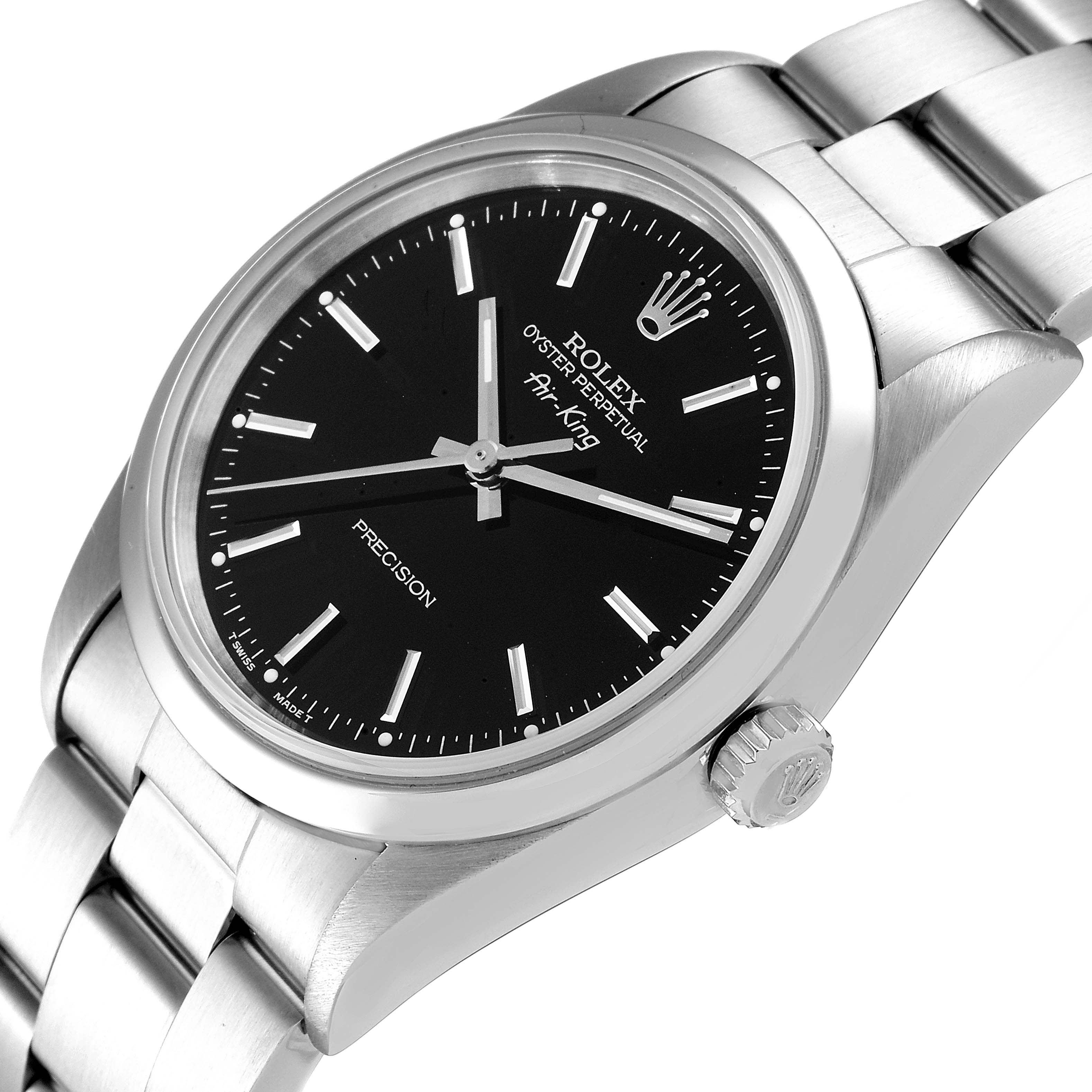 The image shows the Rolex Air-King 14000 Men's Stainless Steel Black Dial 14000 Men's Stainless Steel Black Dial watch from an angled side view, highlighting the face, bezel, crown, and bracelet.