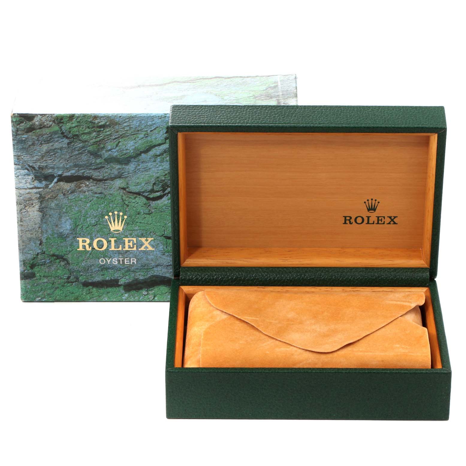 The image shows a green and wood Rolex Oyster box opened, revealing a tan suede pouch inside, for the Air-King model by Rolex.
