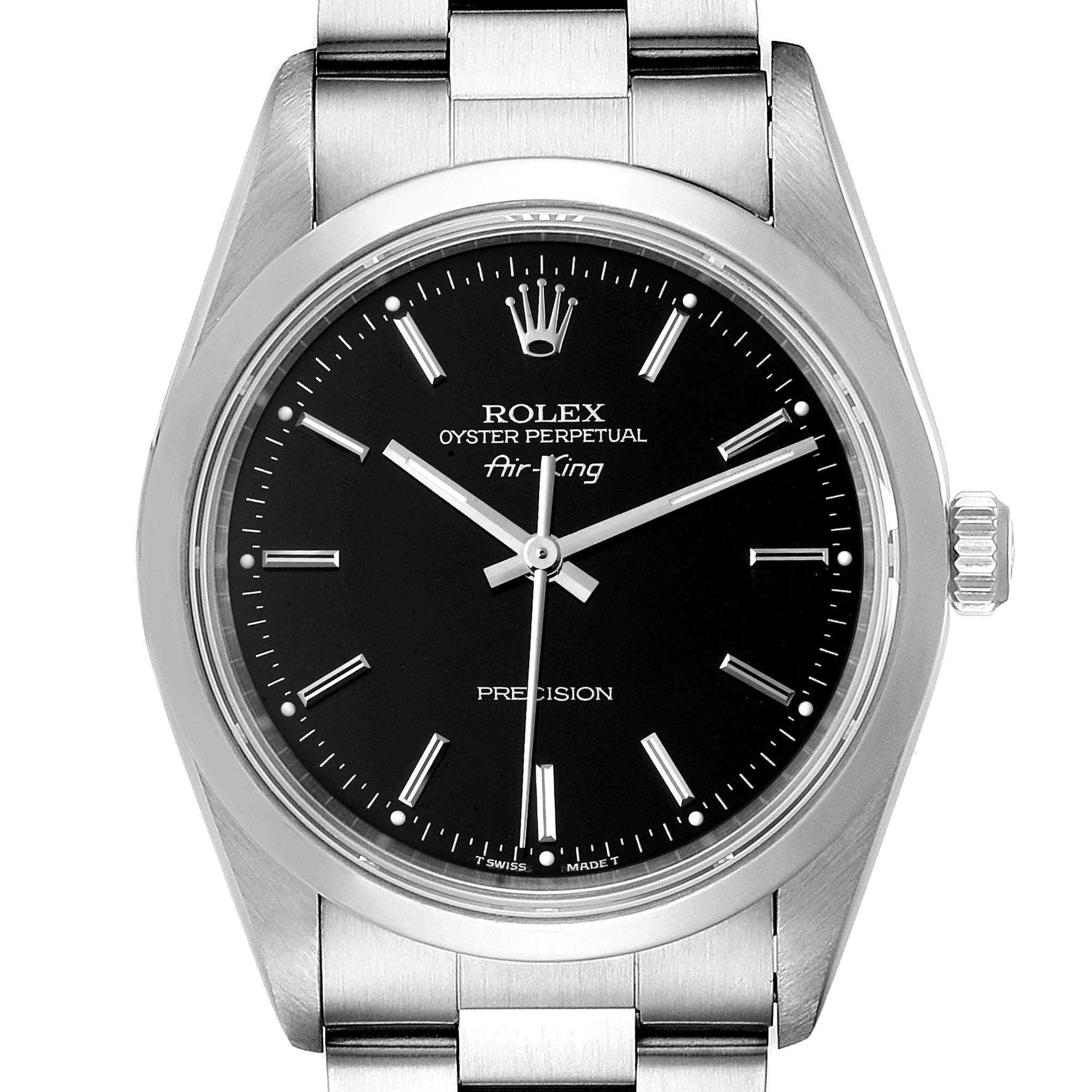 The image shows the dial and part of the bracelet of a Rolex Air-King 14000 Men's Stainless Steel Black Dial 14000 Men's Stainless Steel Black Dial watch, viewed from the front.
