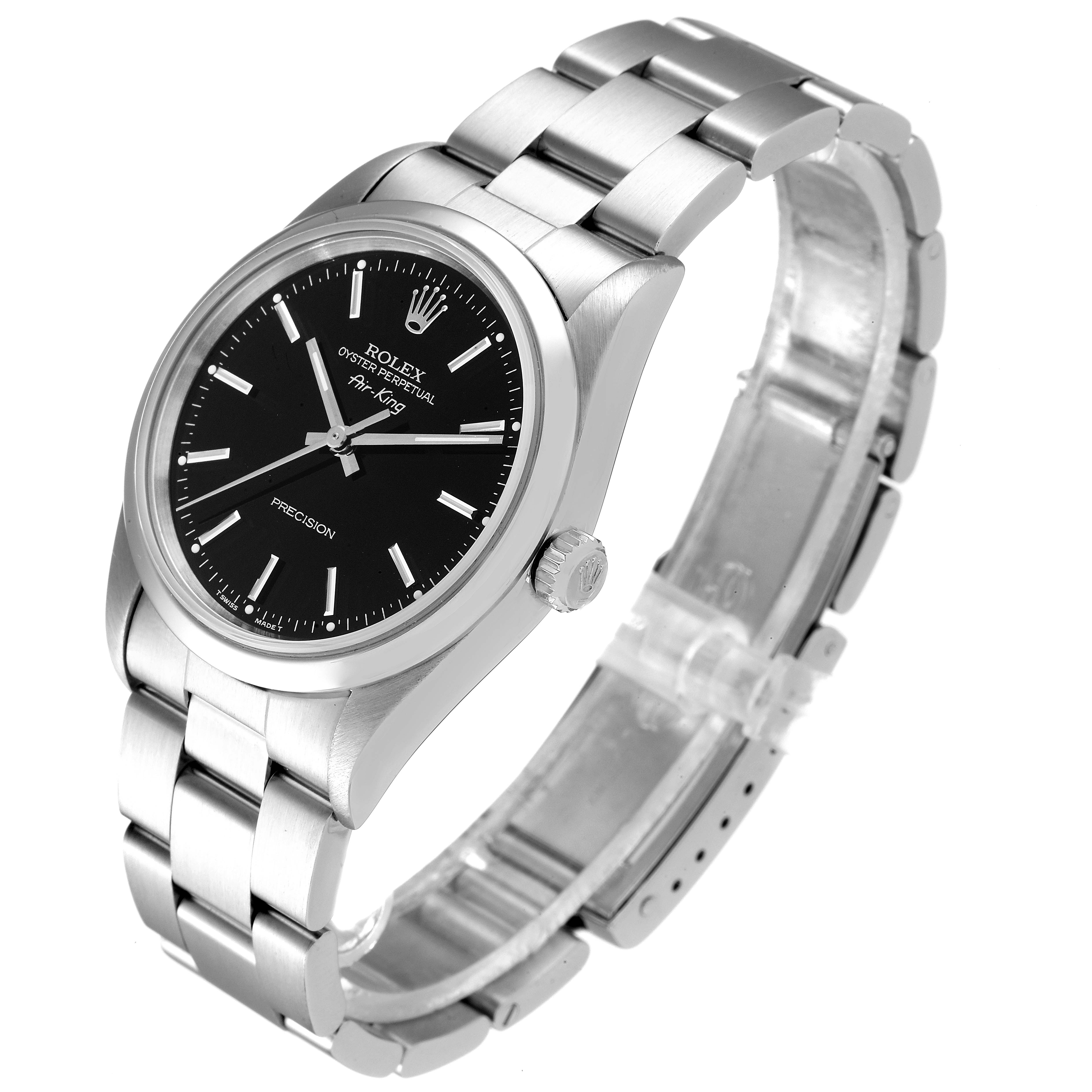 The Rolex Air-King 14000 Men's Stainless Steel Black Dial 14000 Men's Stainless Steel Black Dial watch is shown at a three-quarter angle, showcasing the face, bezel, bracelet, and crown.