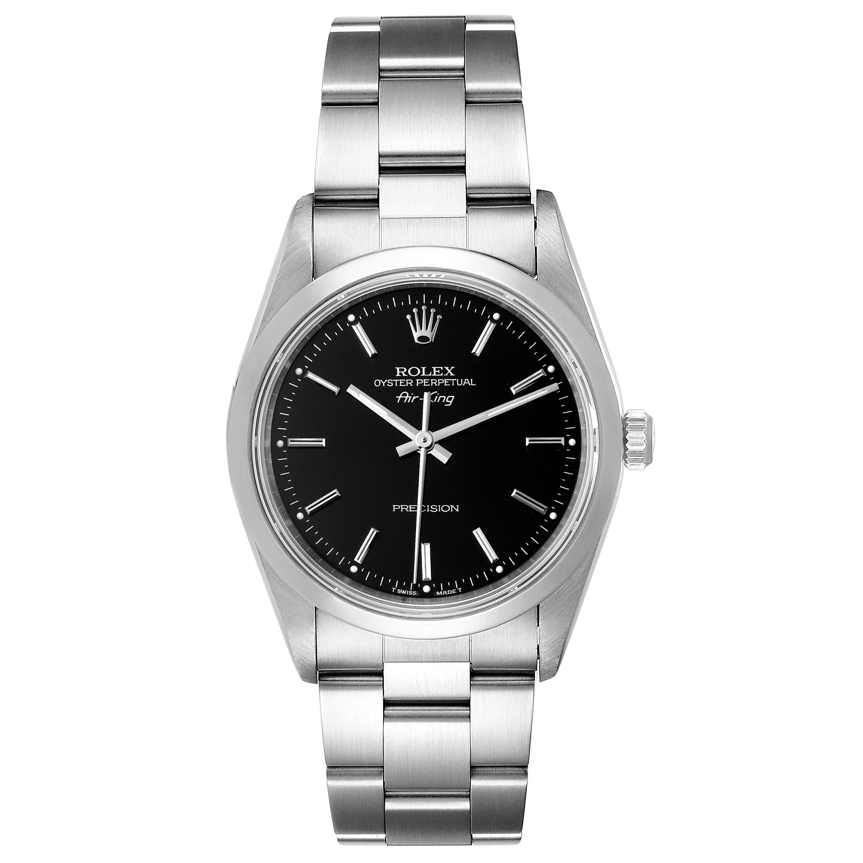 This image shows a Rolex Air-King 14000 Men's Stainless Steel Black Dial 14000 Men's Stainless Steel Black Dial watch from a front angle, highlighting its black dial, hour markers, and stainless steel bracelet.