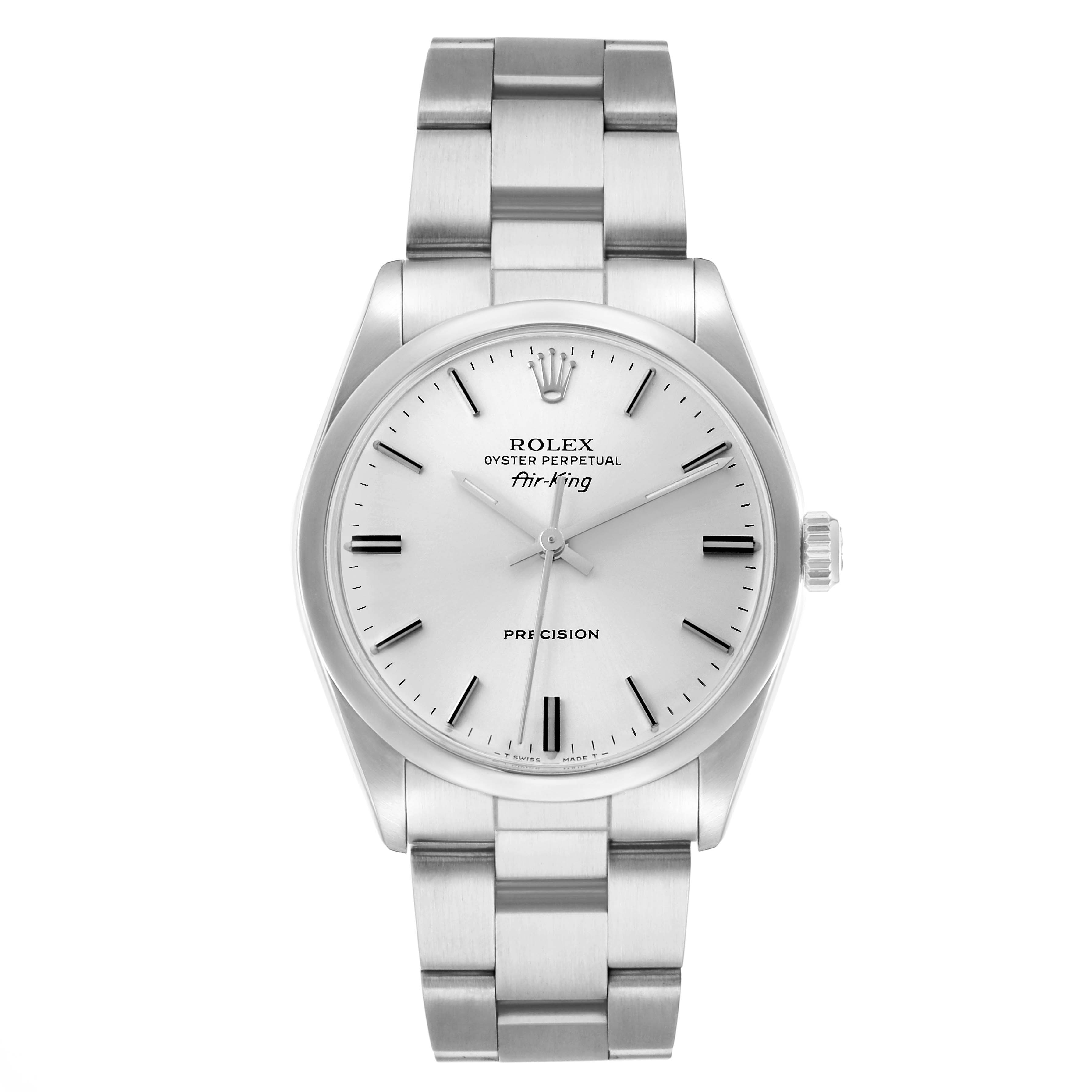 The Rolex Air-King 5500 Men
s Stainless Steel Silver Dial watch is shown from a front angle, displaying the full bracelet, dial, and crown.