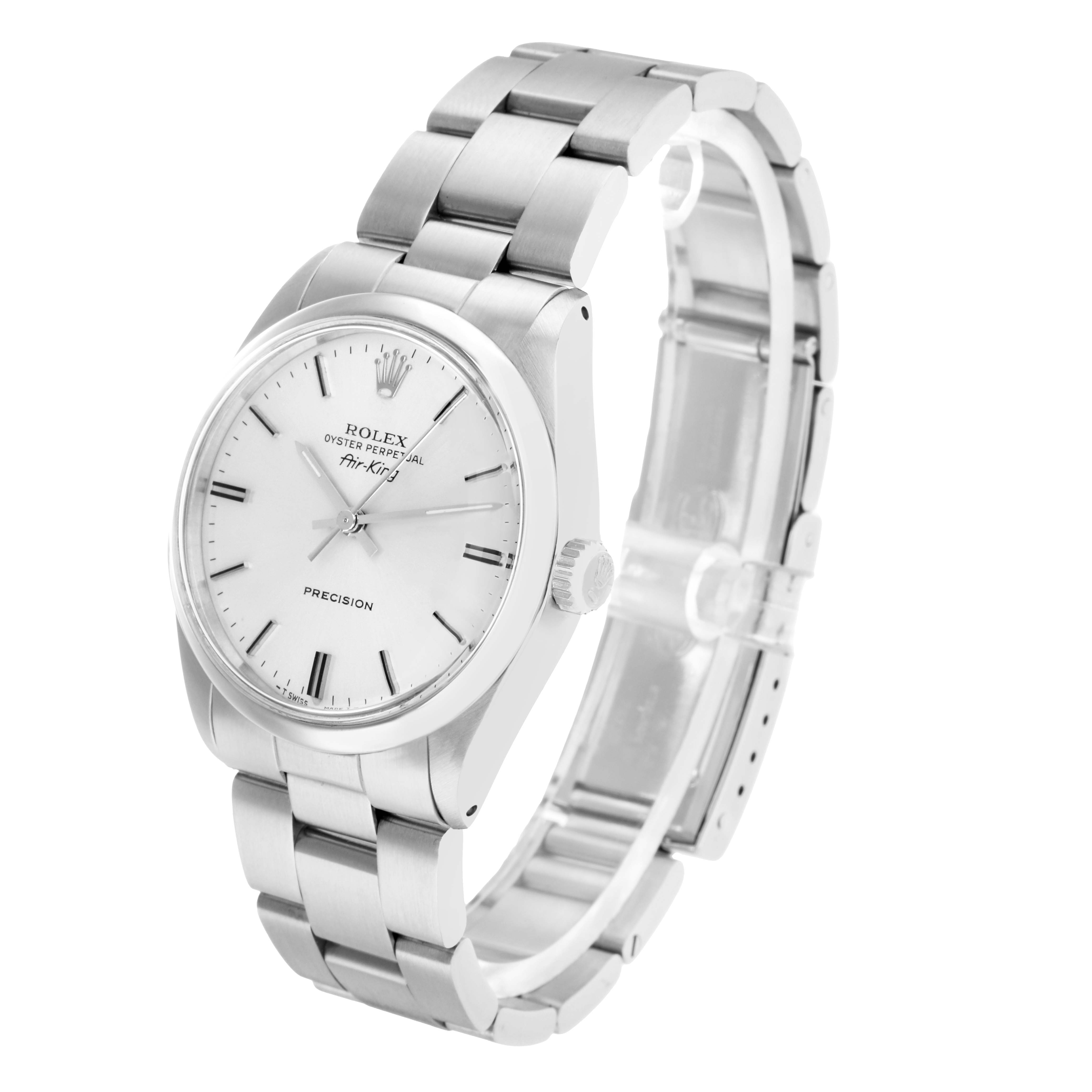 The Rolex Air-King 5500 Men
s Stainless Steel Silver Dial watch is shown at a three-quarter angle, highlighting the dial, case, and bracelet.