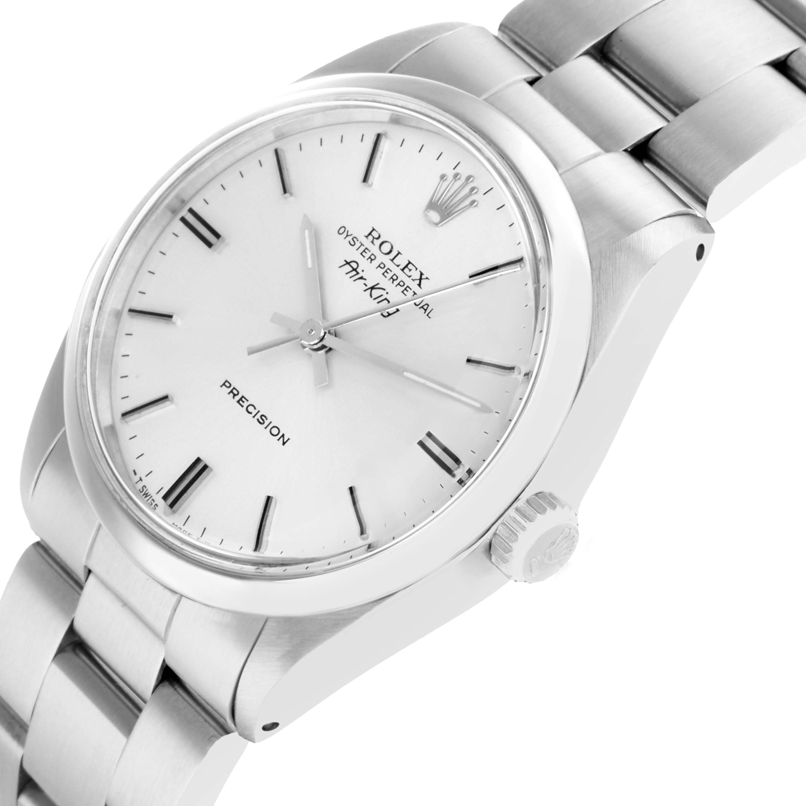 The Rolex Air-King 5500 Men
s Stainless Steel Silver Dial watch is shown at a slight angle, highlighting the dial, crown, and bracelet.