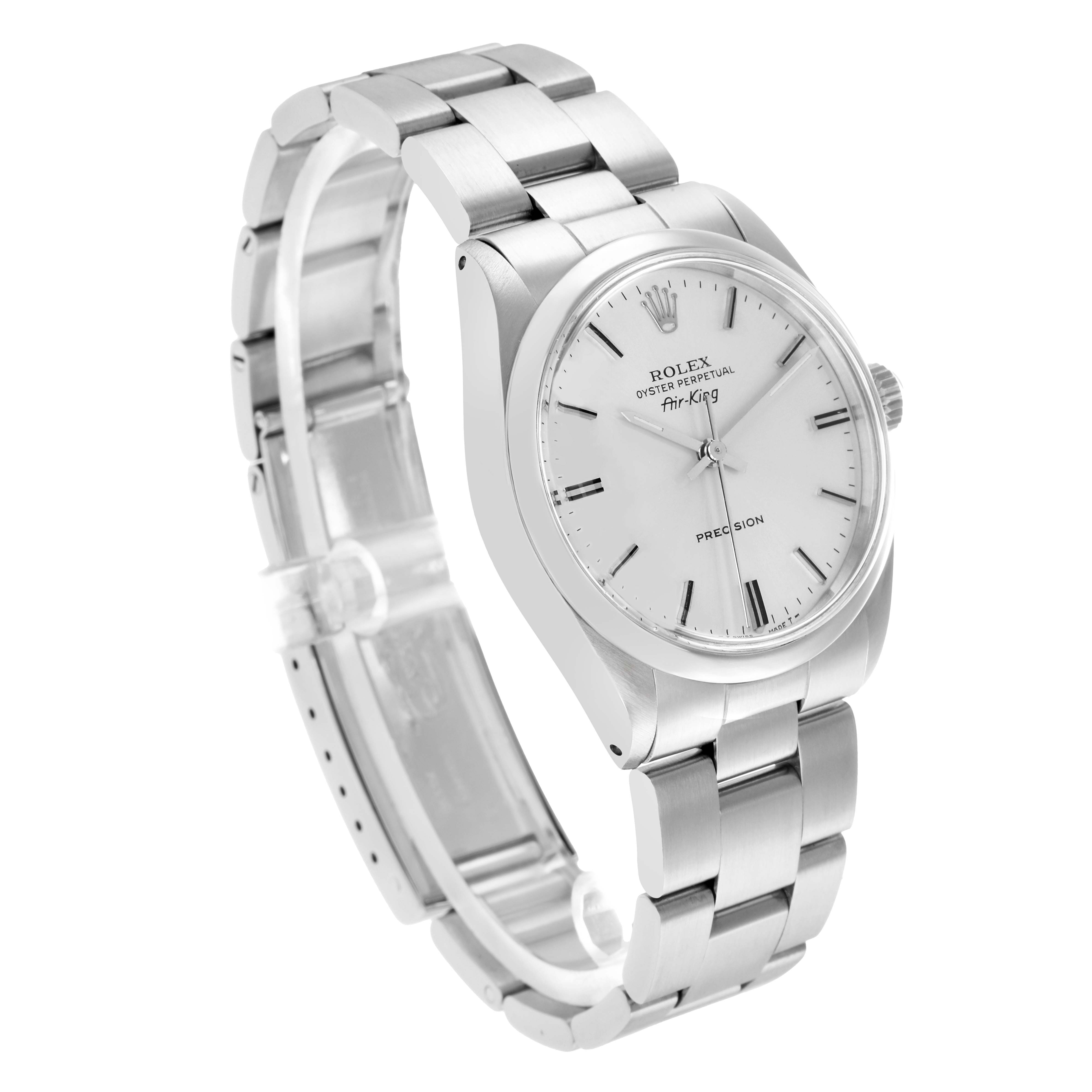 The Rolex Air-King 5500 Men
s Stainless Steel Silver Dial watch is shown at a three-quarters angle highlighting the face, bezel, crown, and bracelet.