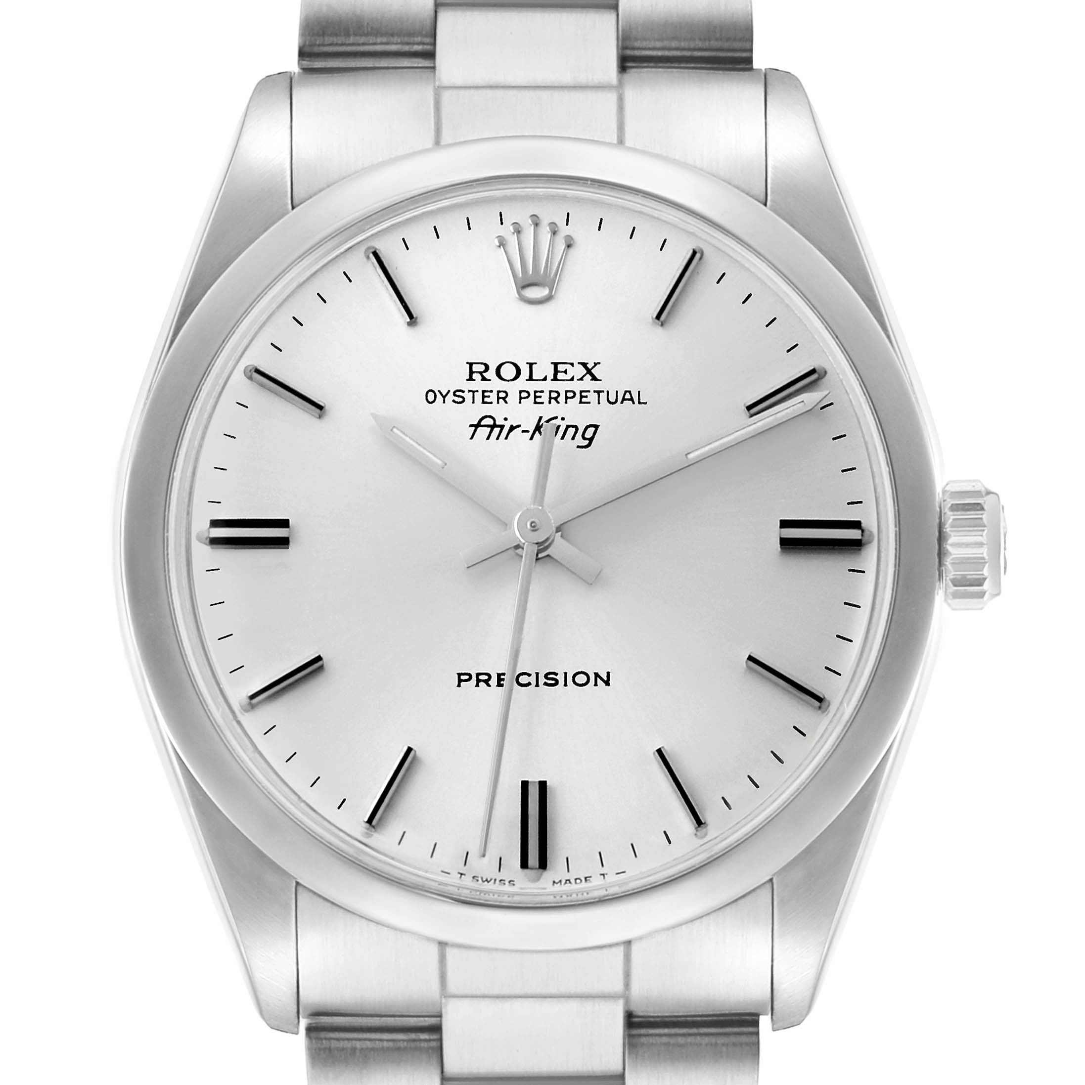 The Rolex Air-King 5500 Men
s Stainless Steel Silver Dial watch is shown from a front angle, highlighting the dial, bezel, and part of the bracelet.