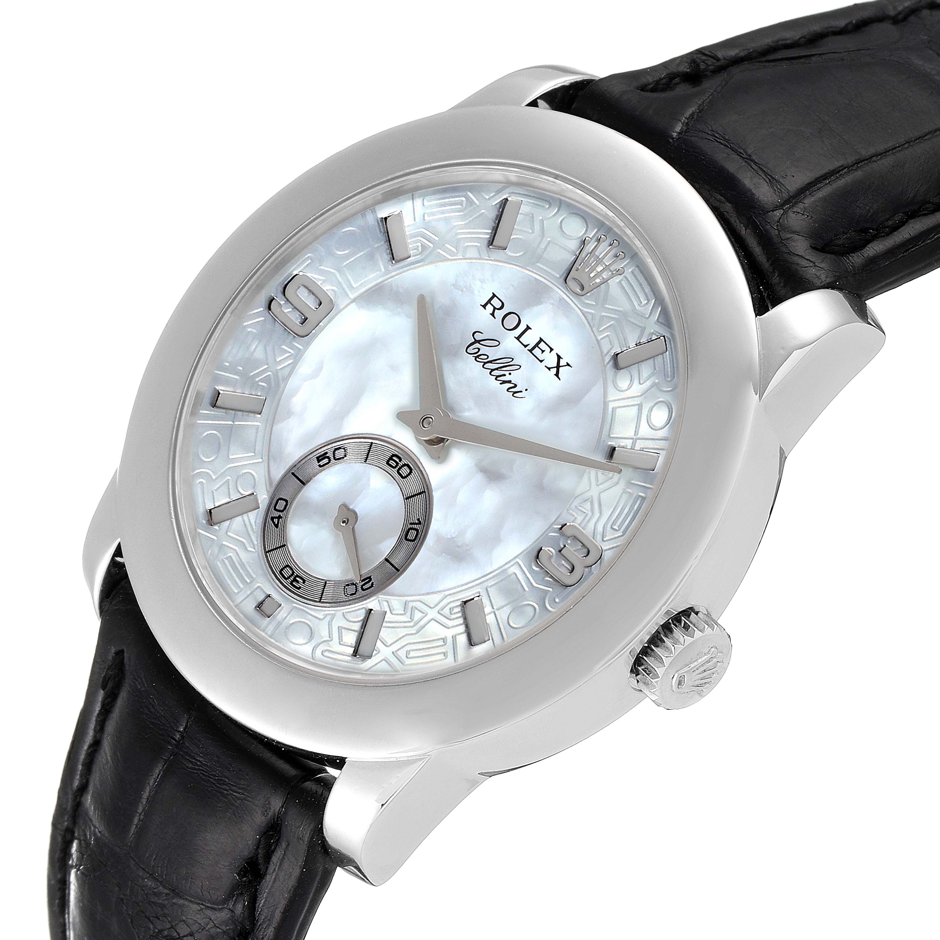 This is a Rolex Cellini 5240 Men
s Platinum Mother of Pearl Dial 5240 Men
s Platinum Mother of Pearl Dial watch shown at a slight angle, highlighting the dial, crown, case, and leather strap.
