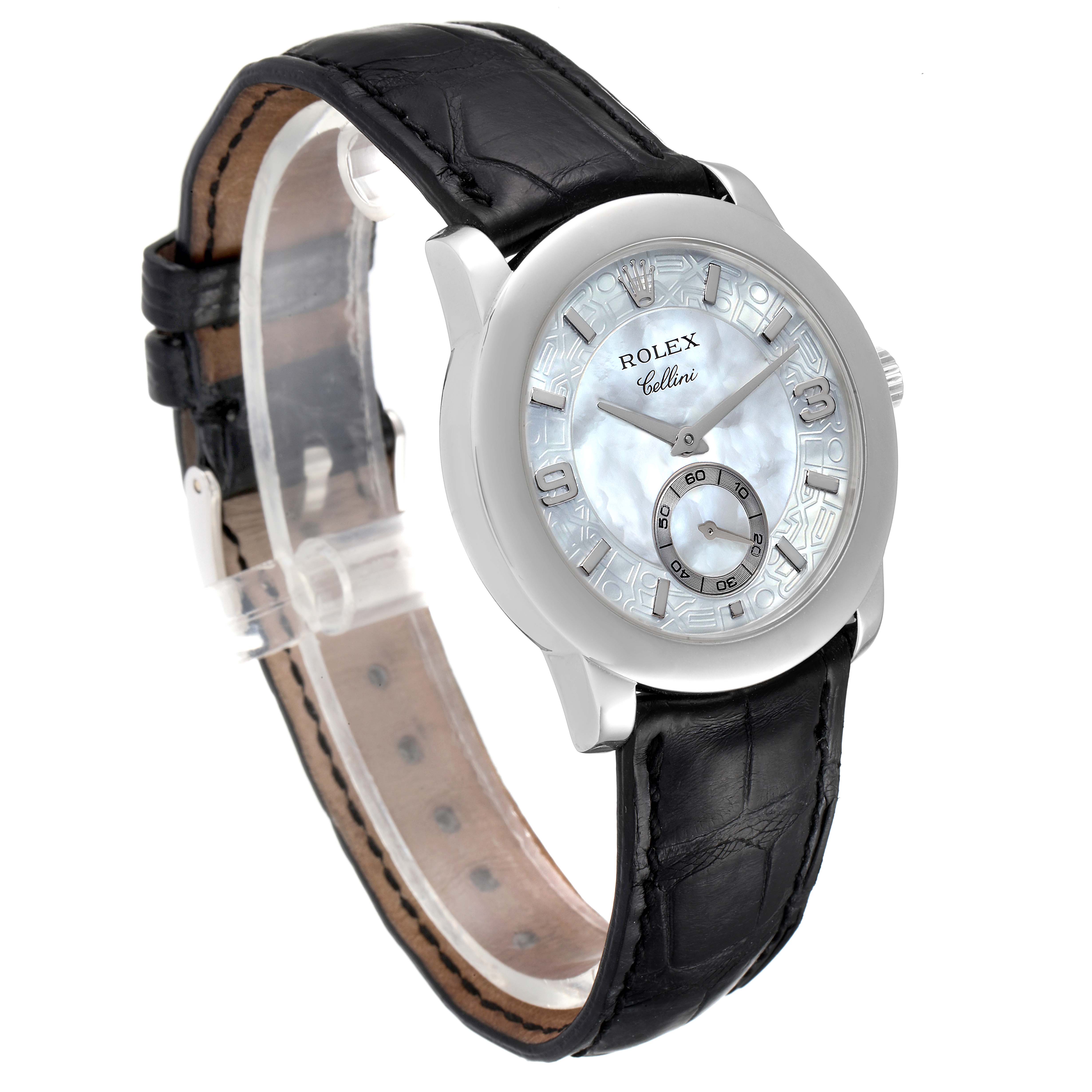 The image shows a Rolex Cellini 5240 Men
s Platinum Mother of Pearl Dial 5240 Men
s Platinum Mother of Pearl Dial watch at a slightly angled view, displaying the dial, case, and leather strap.