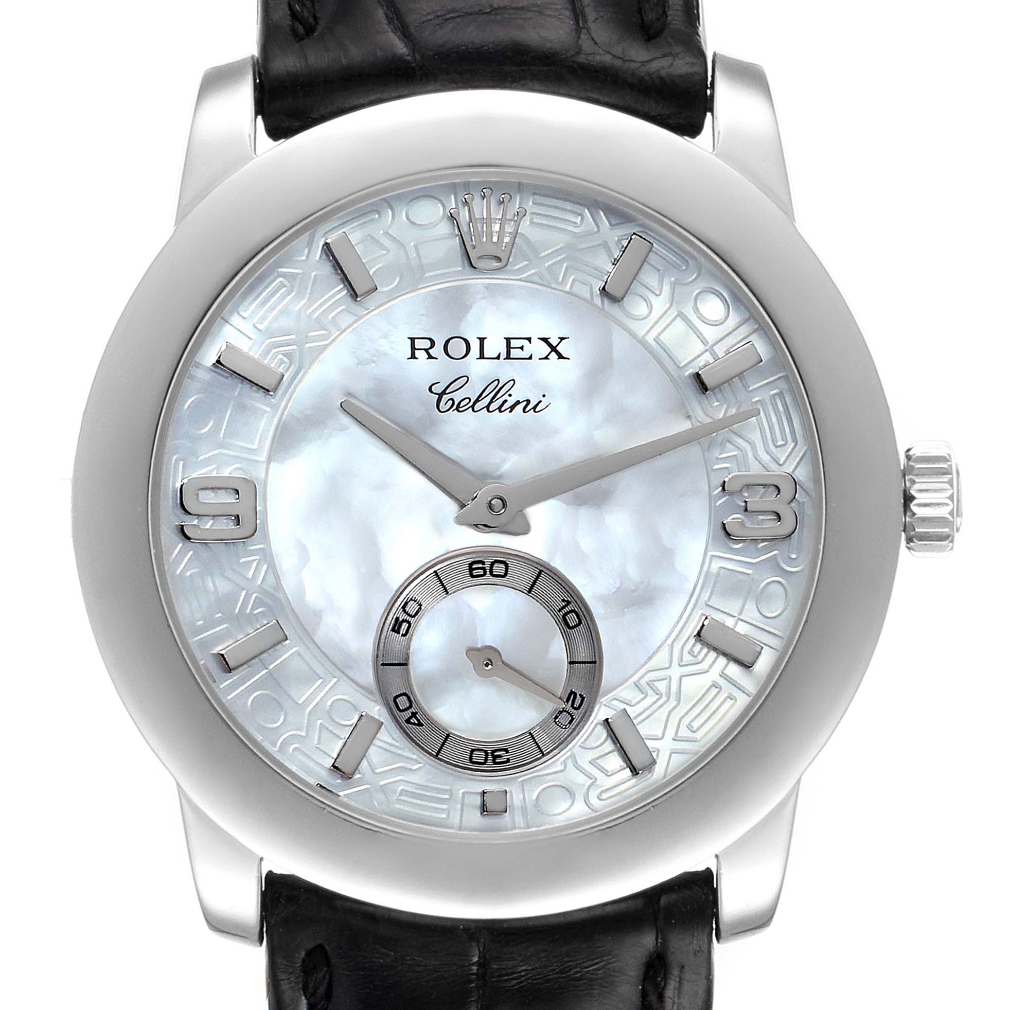 This image shows a front view of a Rolex Cellini 5240 Men
s Platinum Mother of Pearl Dial 5240 Men
s Platinum Mother of Pearl Dial watch with a leather strap and an intricate dial design.