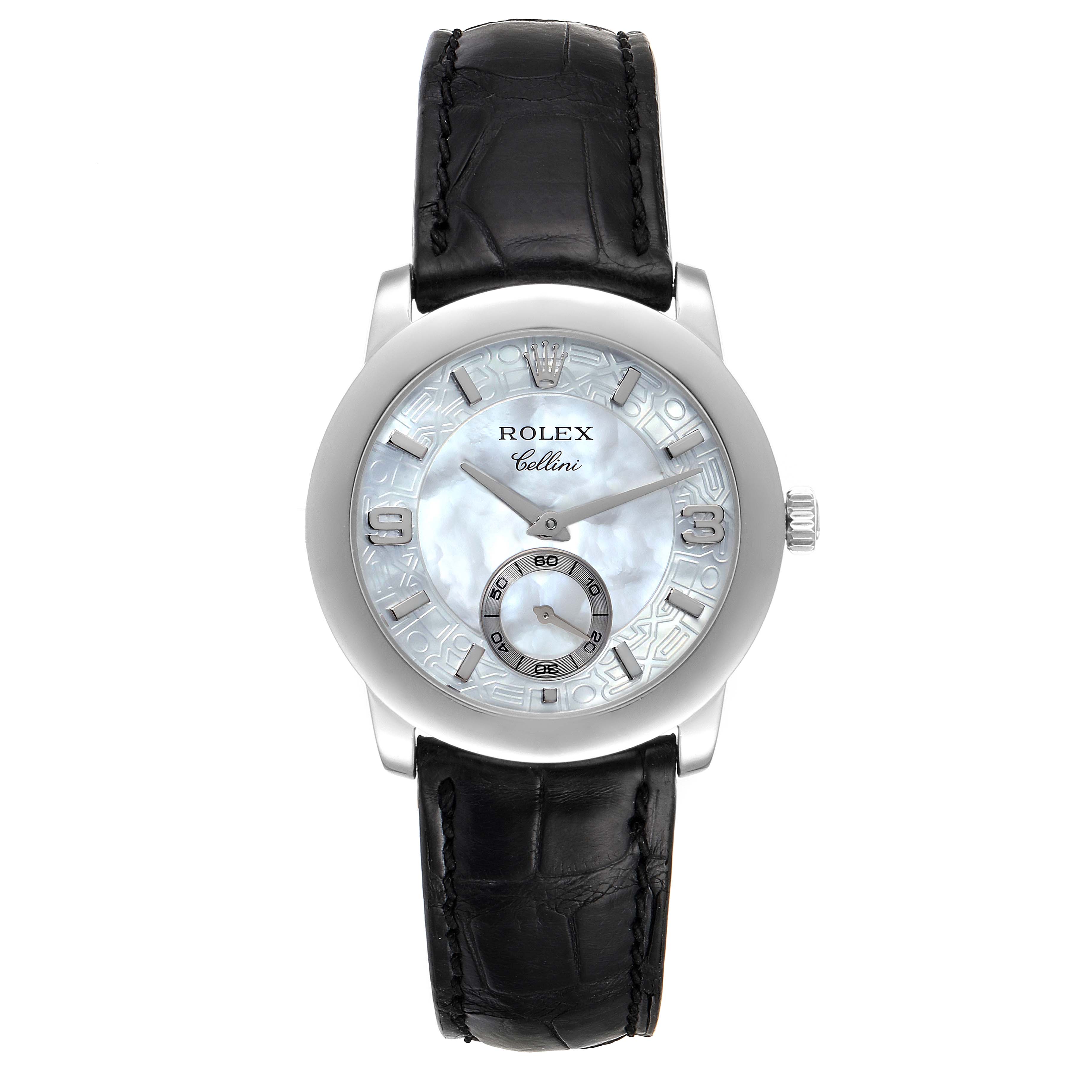 The image shows a front view of a Rolex Cellini 5240 Men
s Platinum Mother of Pearl Dial 5240 Men
s Platinum Mother of Pearl Dial watch with a white dial and black leather strap.