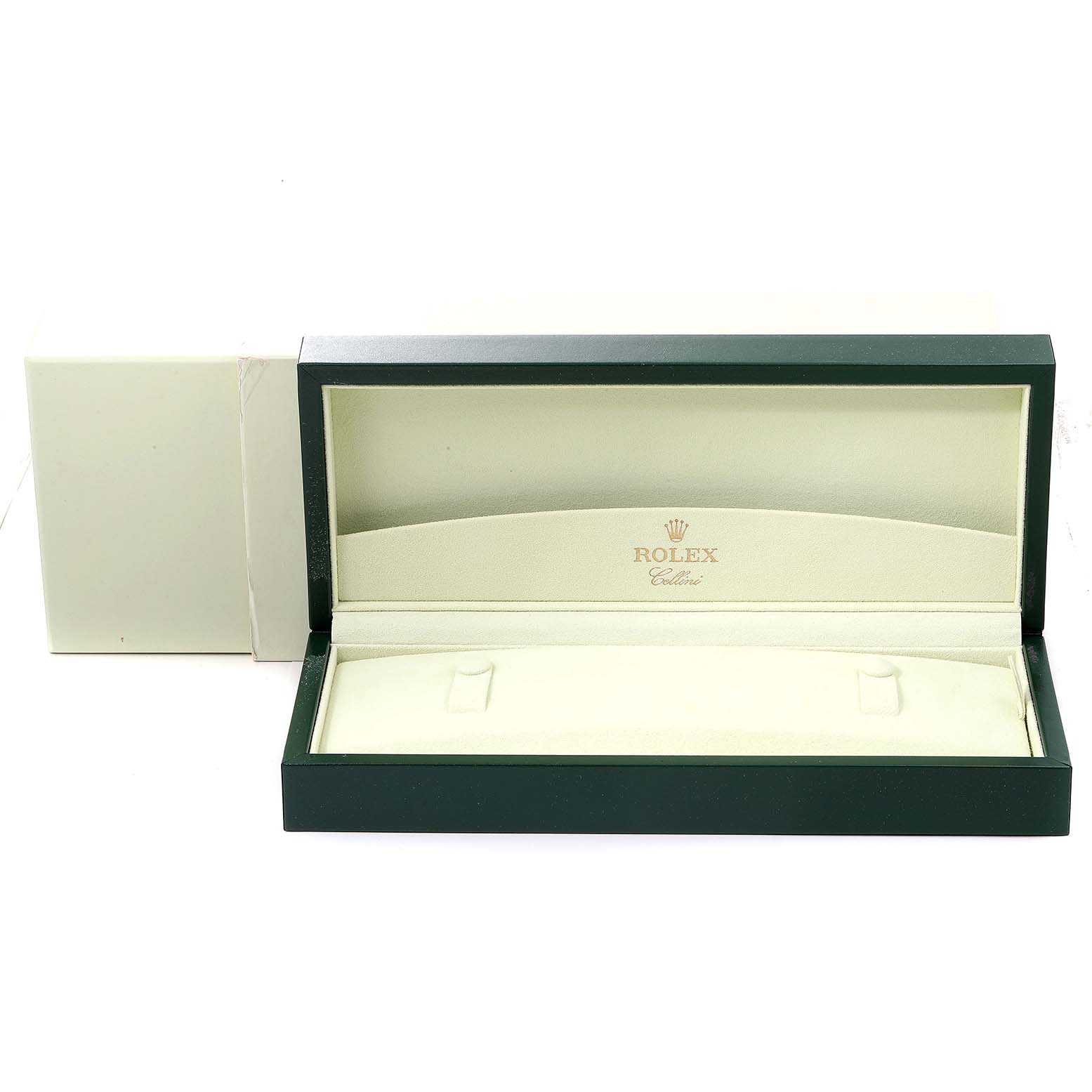 The image shows an open packaging box for a Rolex Cellini 5240 Men
s Platinum Mother of Pearl Dial 5240 Men
s Platinum Mother of Pearl Dial watch, viewed from the front.
