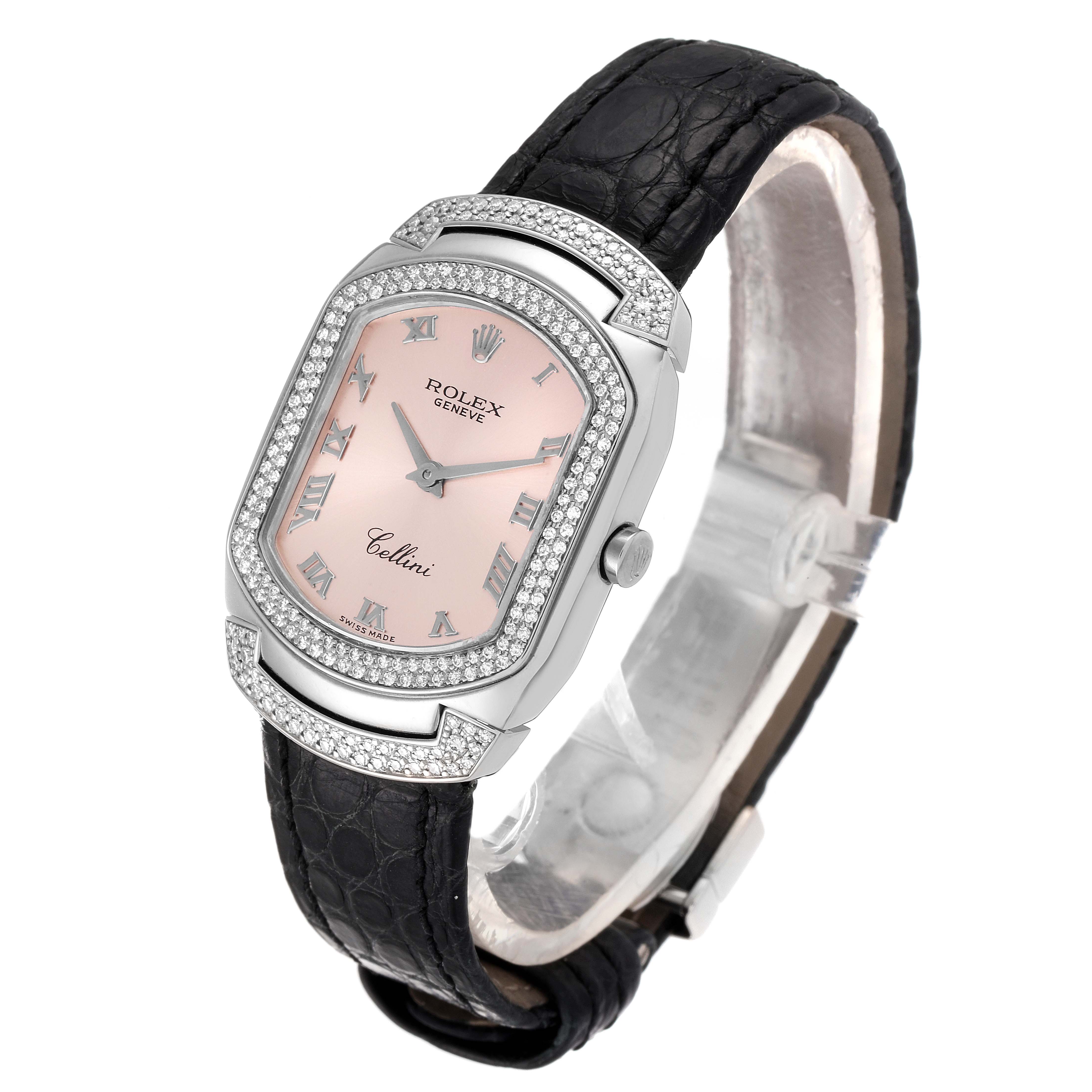 The image shows a side view of the Rolex Cellini 6693 Women's White Gold Pink Dial 6693 Women's White Gold Pink Dial watch with its face, bezel, crown, and leather strap visible.