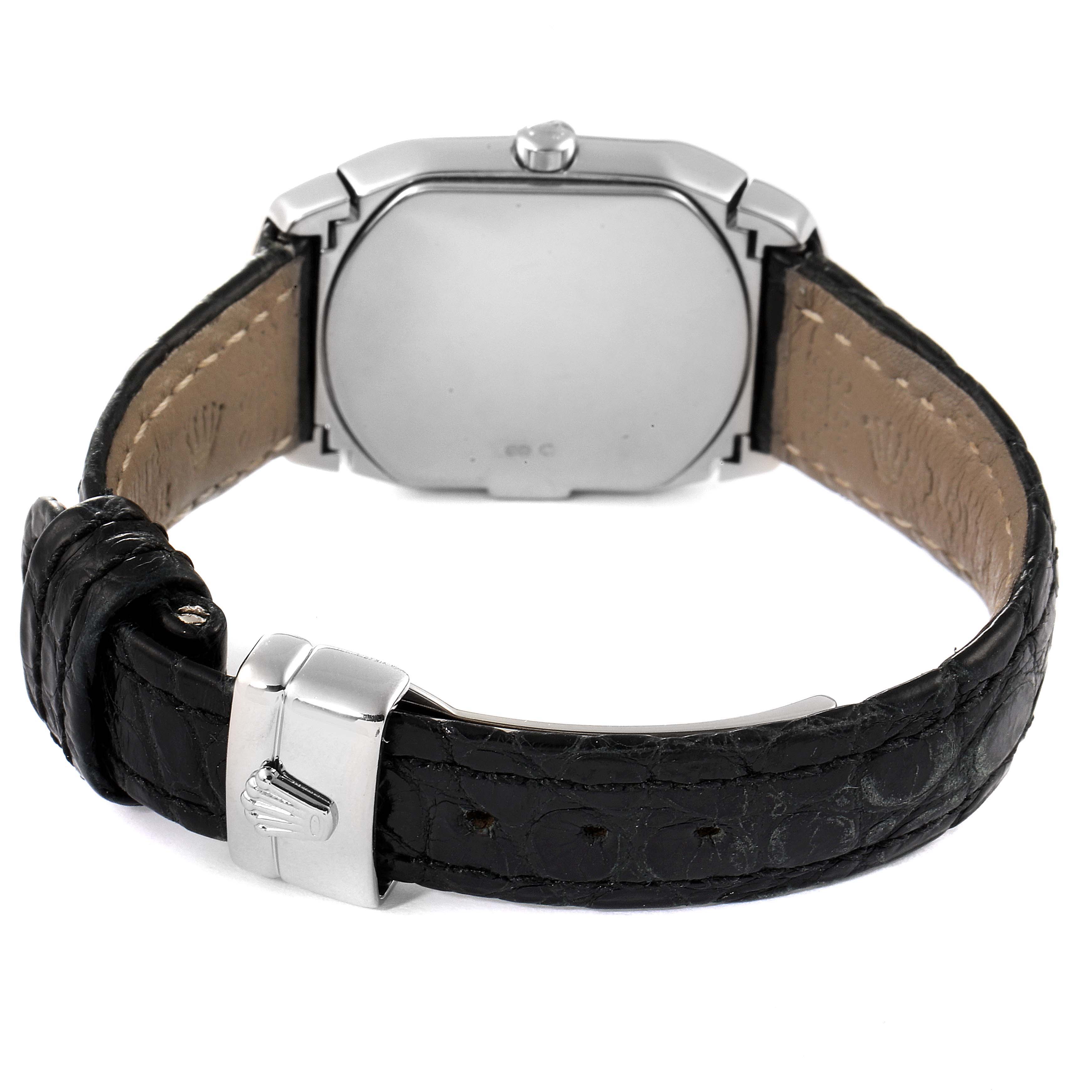 The image shows the back case and leather strap of the Rolex Cellini 6693 Women's White Gold Pink Dial 6693 Women's White Gold Pink Dial watch.