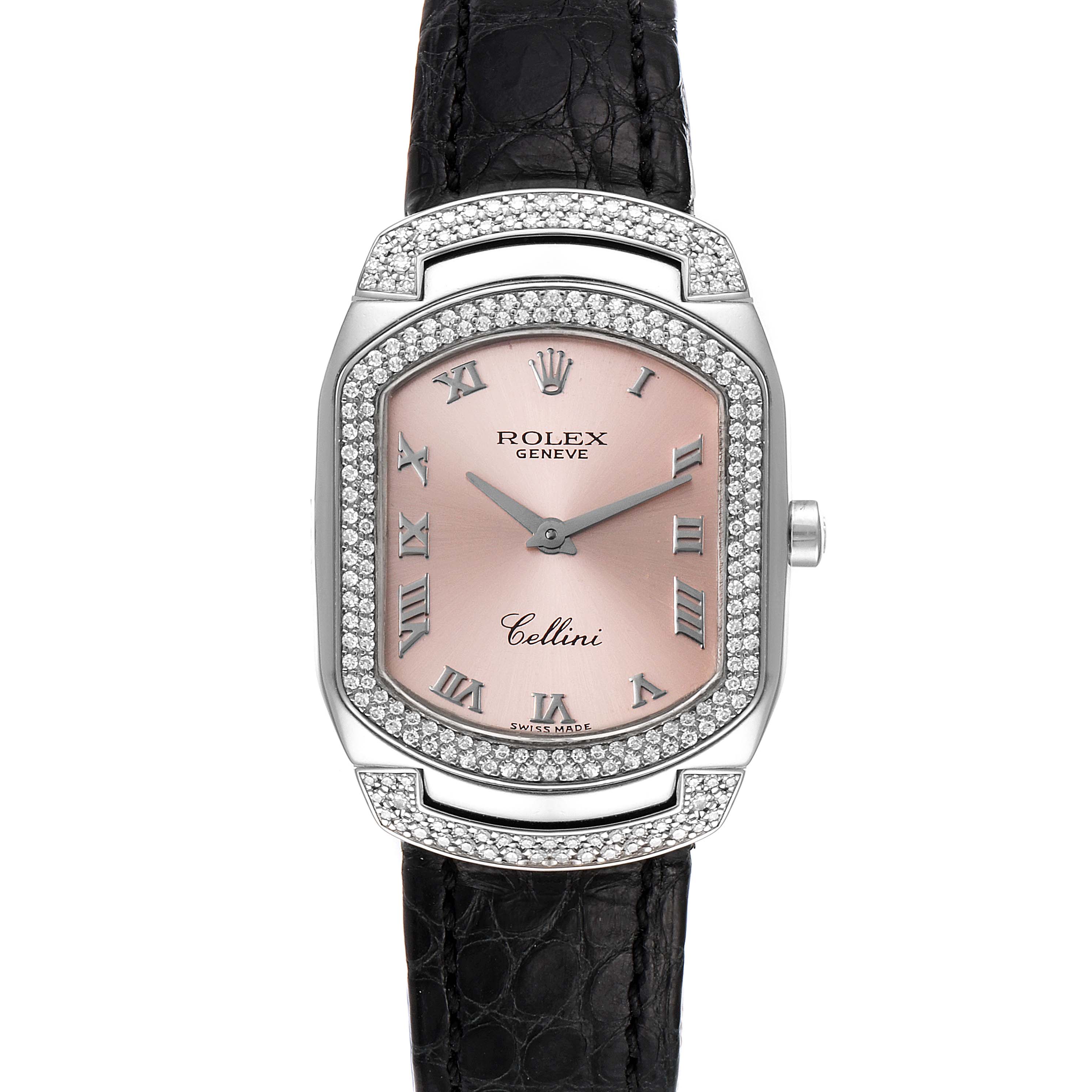 This image shows a front view of a Rolex Cellini 6693 Women's White Gold Pink Dial 6693 Women's White Gold Pink Dial watch with a black leather strap, silver Roman numerals, and a diamond-studded bezel.