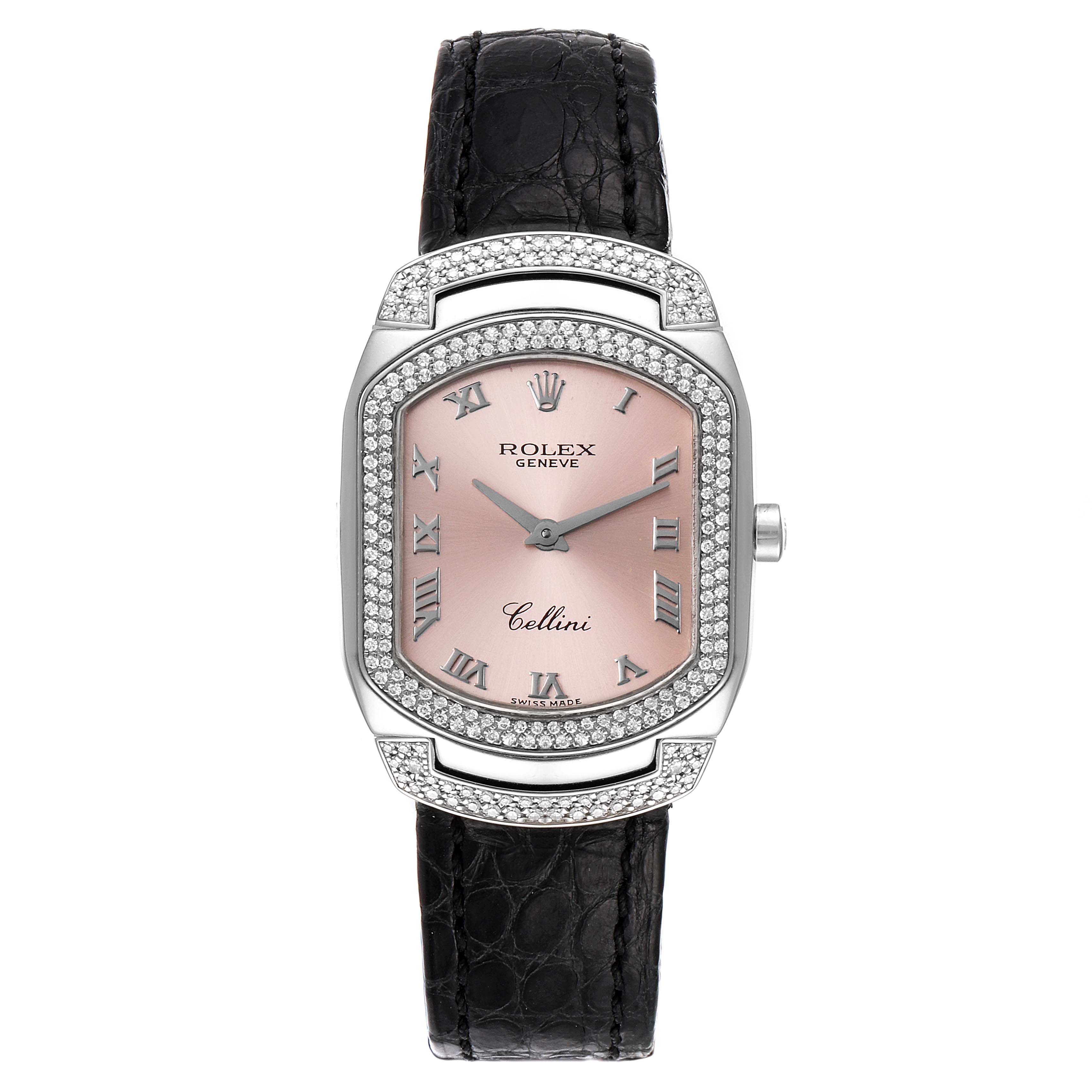 This image shows a frontal view of a Rolex Cellini 6693 Women's White Gold Pink Dial 6693 Women's White Gold Pink Dial watch with a black leather strap and a diamond-encrusted bezel.