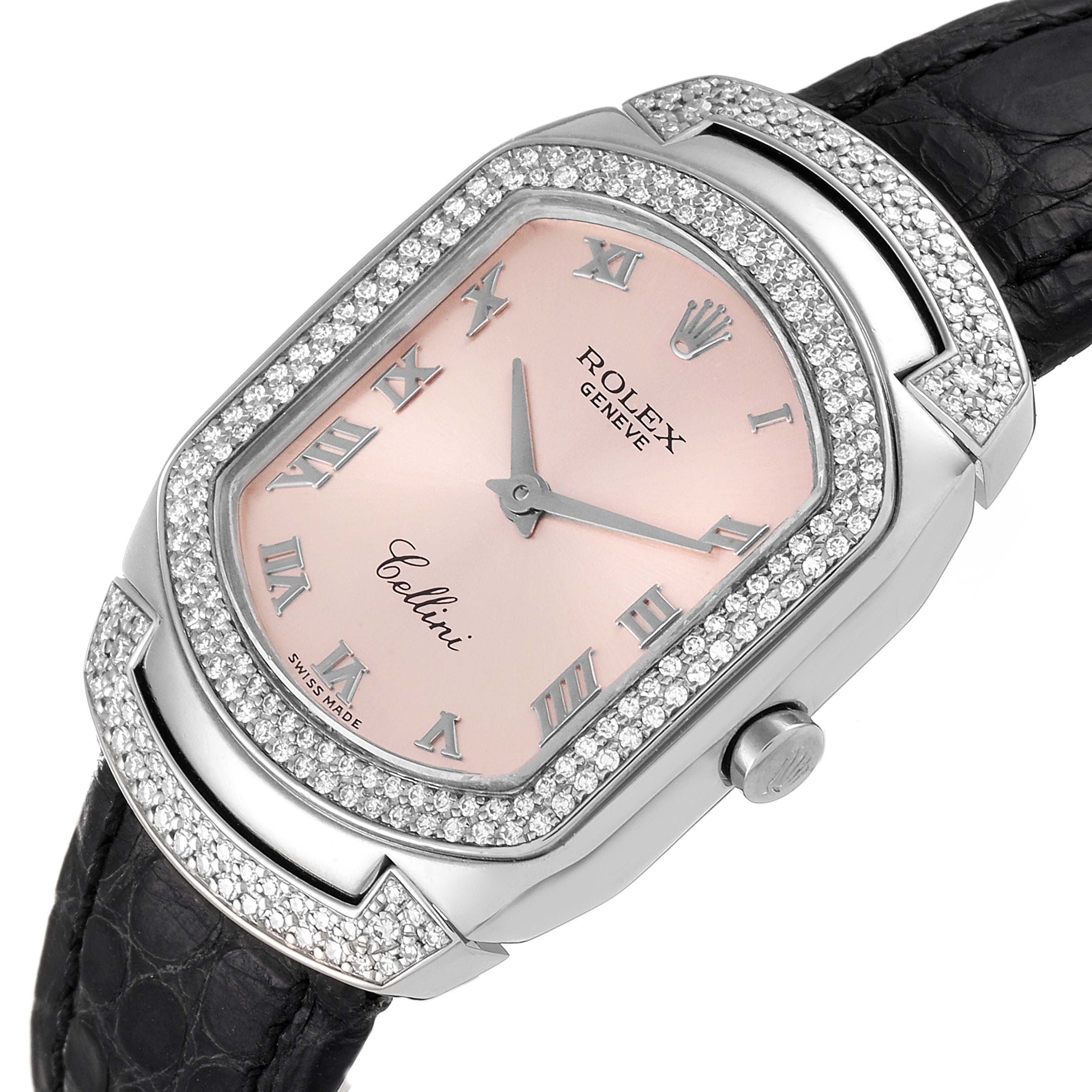 This image shows a Rolex Cellini 6693 Women's White Gold Pink Dial 6693 Women's White Gold Pink Dial watch with a pink dial, diamond bezel, Roman numerals, and a black leather strap at an angled view.